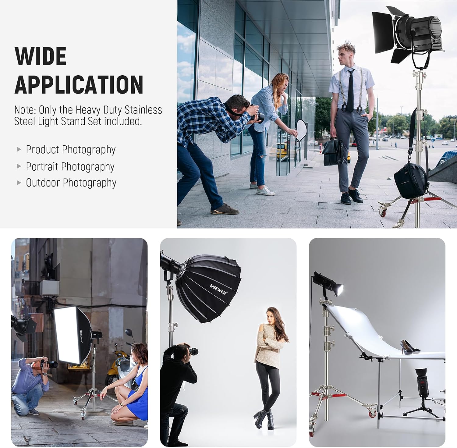 NEEWER Heavy Duty Stainless Steel Light Stand with Casters, 1-1/8' Junior Receiver, Spring Loaded 5/8' Baby Stud, Max Load 77lb, 7.9ft/240cm Junior Wheeled Stand for Studio Softbox Reflector, ST240SS