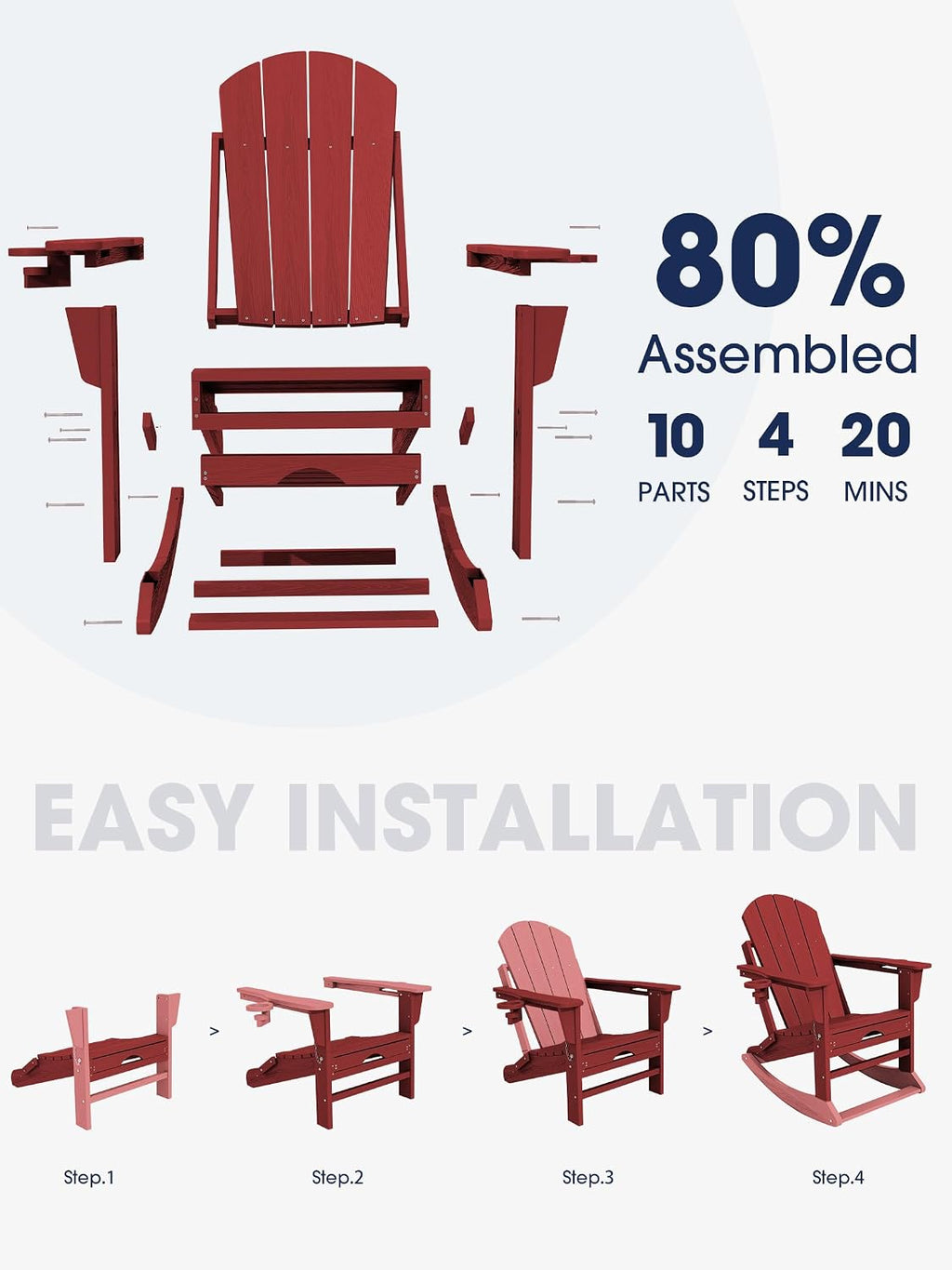 KINGYES Adirondack Rocking Chair Set of 2 with Retractable Ottoman and Cup Holders, HDPE Adirondack Rocker Patio Rocking Chair for Porch, Patio, Balcony, Burgundy Red