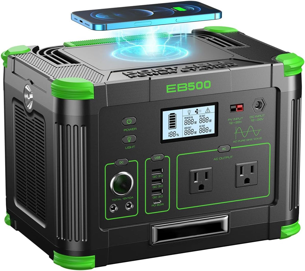 Portable Power Station 500W(Peak 1000W), 519Wh Outdoor Solar Generator with 2 AC(110V) Outlets, 10 Ports Powerhouse with USB-C PD Fast Charging for Travel, RV Camping, Off-Grid Living, Emergency