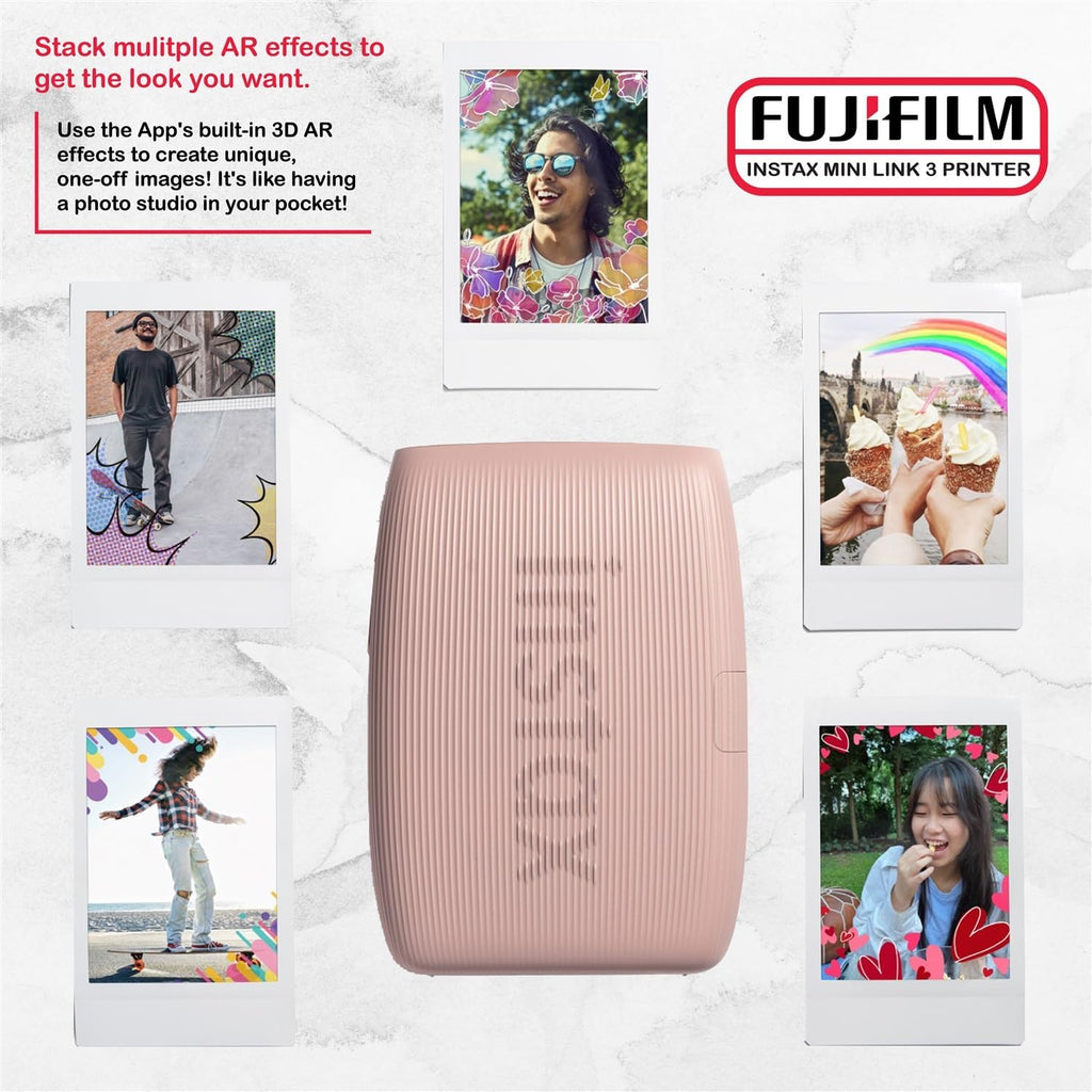 Fujifilm Instax Mini Link 3 Printer Bundle Instax Mini Film (40 Sheets), Instax Mini Link 3 Protective Case (Rose Pink)