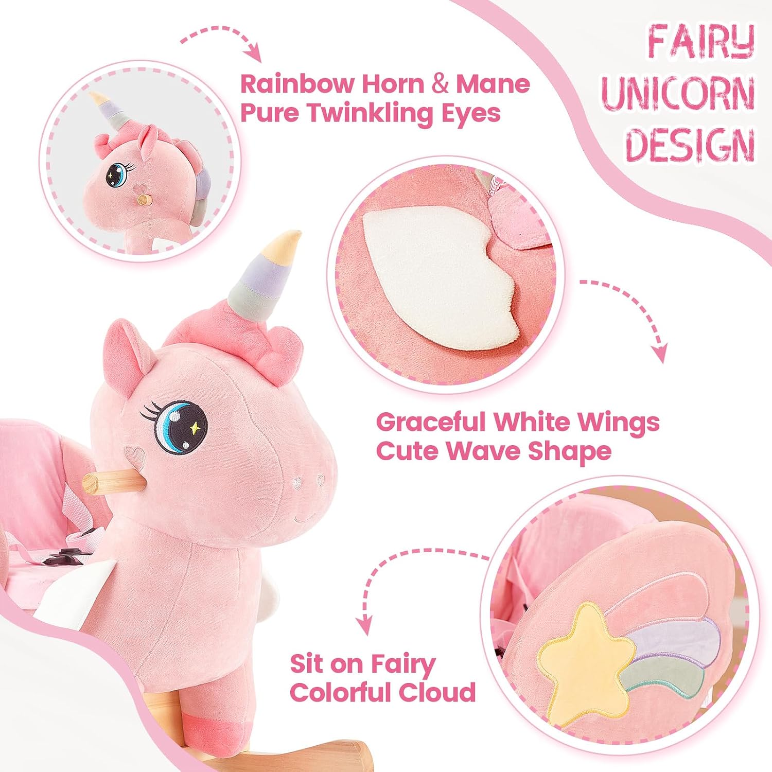 FUNLIO Unicorn Baby Rocking Horse, Pink Fairy Unicorn Rocking Horse for Toddlers 6 Months to 3 Years, Stuffed Ride-on Animal Rocker, Easy to Assemble, CPC & CE Certified