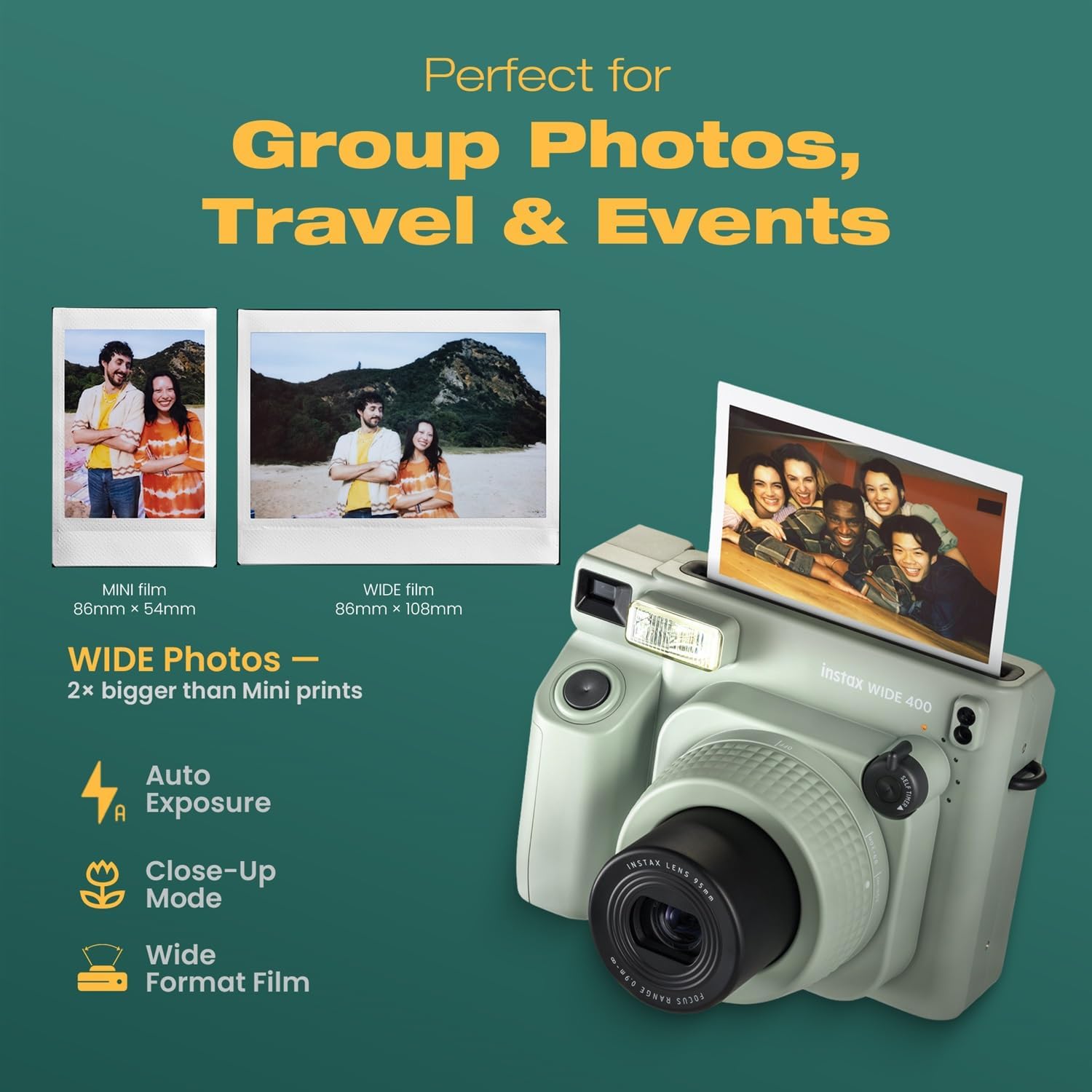 FUJIFILM instax Wide 400 Instant Film Camera Bundle with Instax Wide Film, Sage Green Leather Case, 28-Photo Album, Close-Up Lens, Shoulder Strap, Batteries, and Camera Accessories