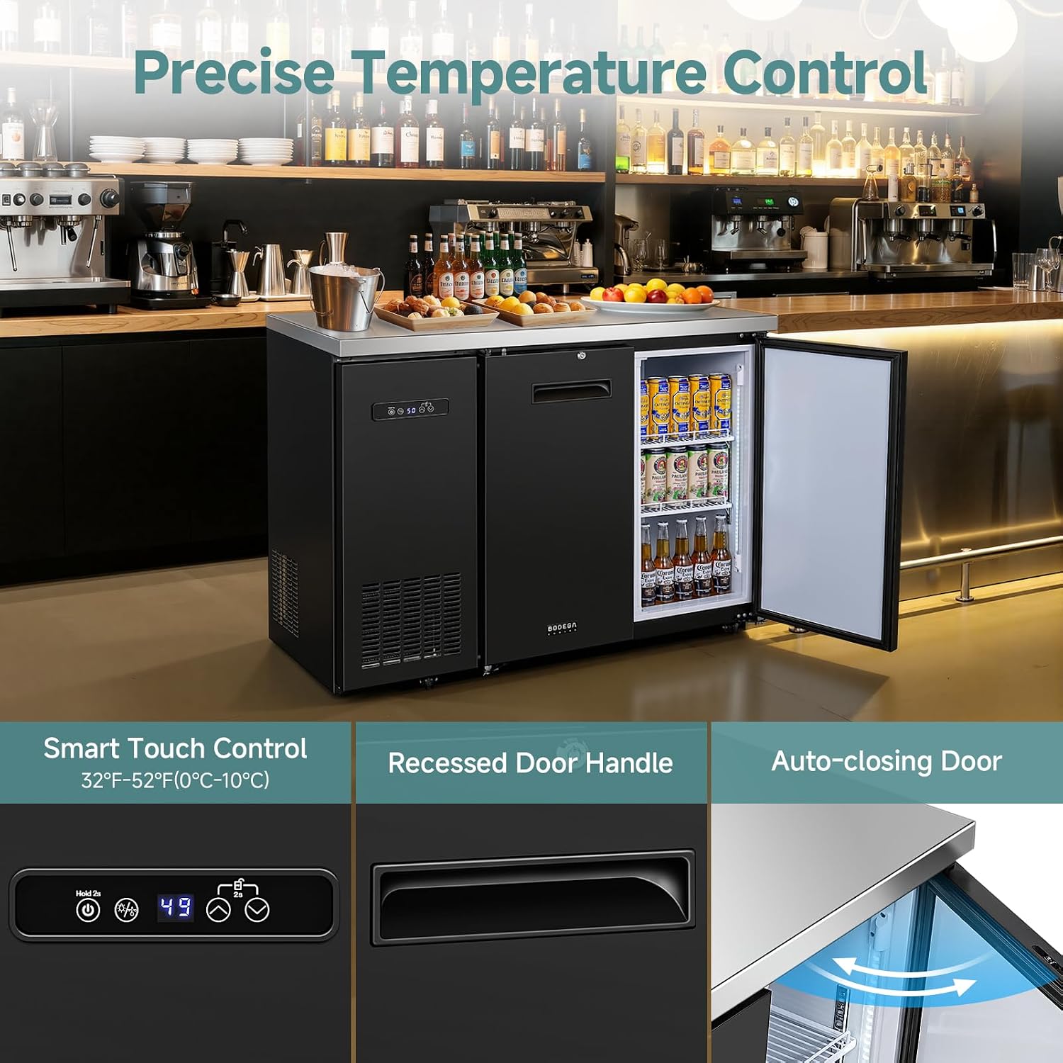 BODEGA BODEGACOOLER Commercial Back Bar Cooler with 2 Solid Doors,12 Cu.Ft Commercial Counter Height Bar Refrigerator,Display Drink Beverage Beer Fridge LED Light,SUS304 Top,4 Casters,Black