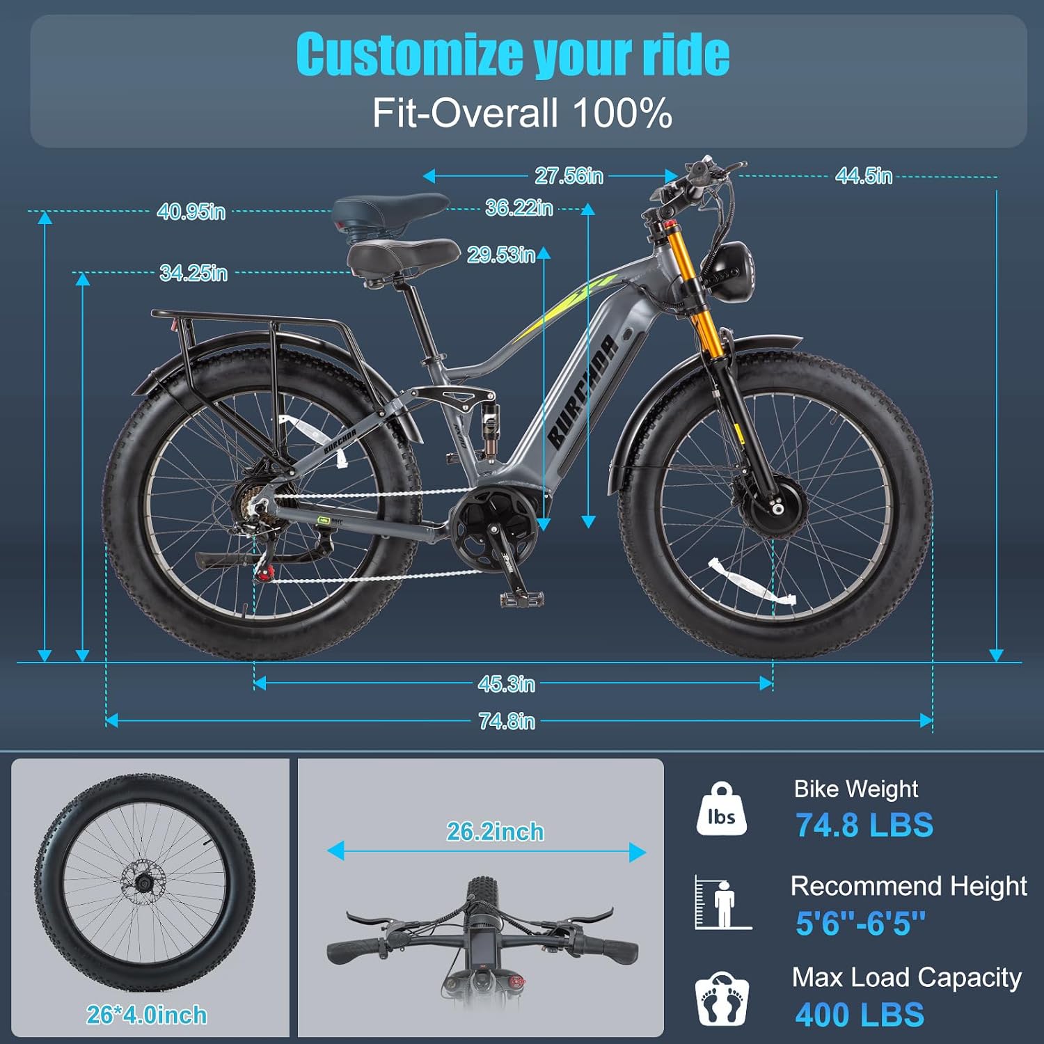DAMSON Electric Bike for Adults Dual Motor AWD 5000W/3000W/1500W Peak 40MPH/30MPH Dirt Ebike, 52V/48V Max-Output Up to 65/80/120/160 Miles Long Range, 26' Full Suspension Fat Tire Mountains Bicycle
