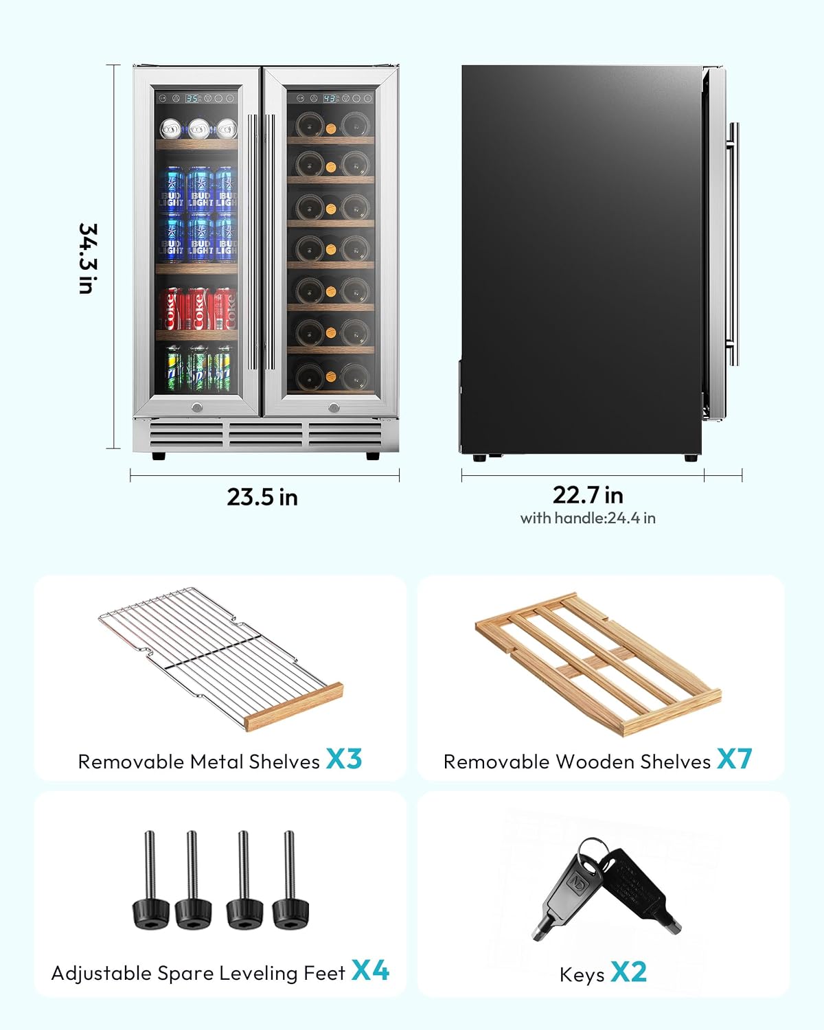 EUHOMY Wine and Beverage Refrigerator, 24 Inch Dual Zone Wine Cooler with Glass Door Hold 21 Bottles and 88 Cans, Built in or Under Counter Wine Fridge with Blue LED Light