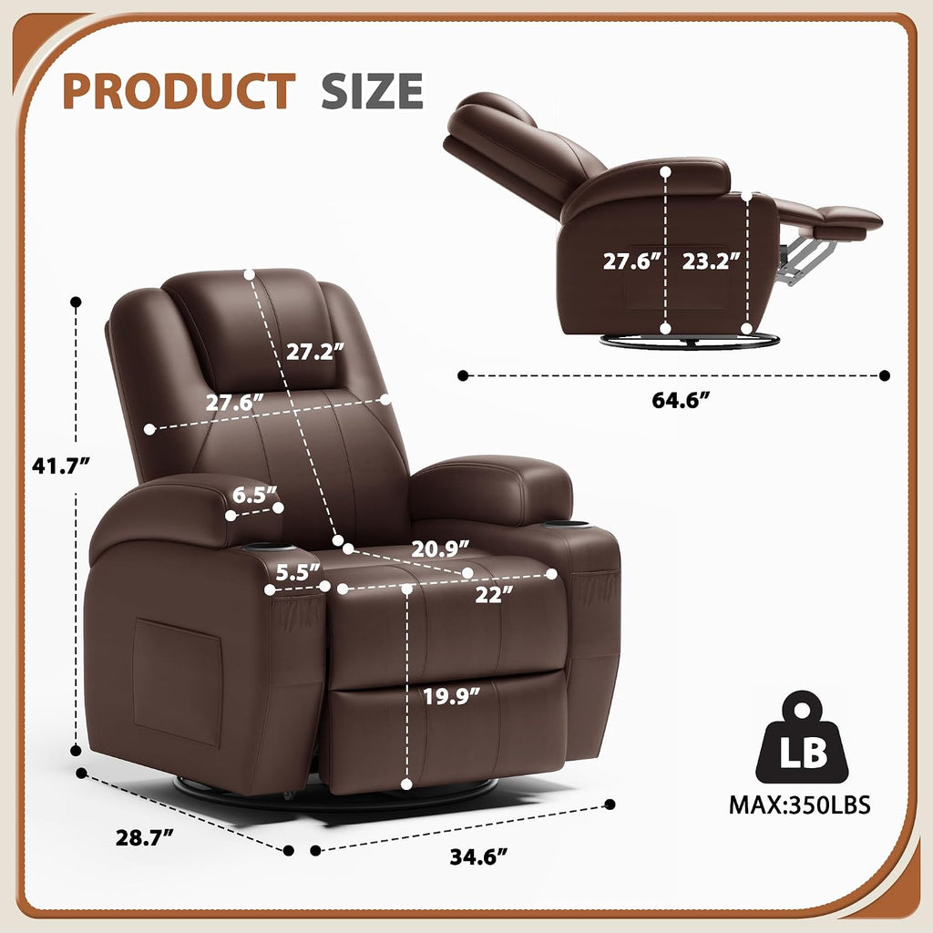 Flamaker Swivel Rocker Recliner Chair with Vibration Massage, 360° Swivel Recliner Chairs for Adults Ergonomic Lounge Chair with Cup Holders Lazy Boy Recliner Single Sofa Seat (Leather, Brown)