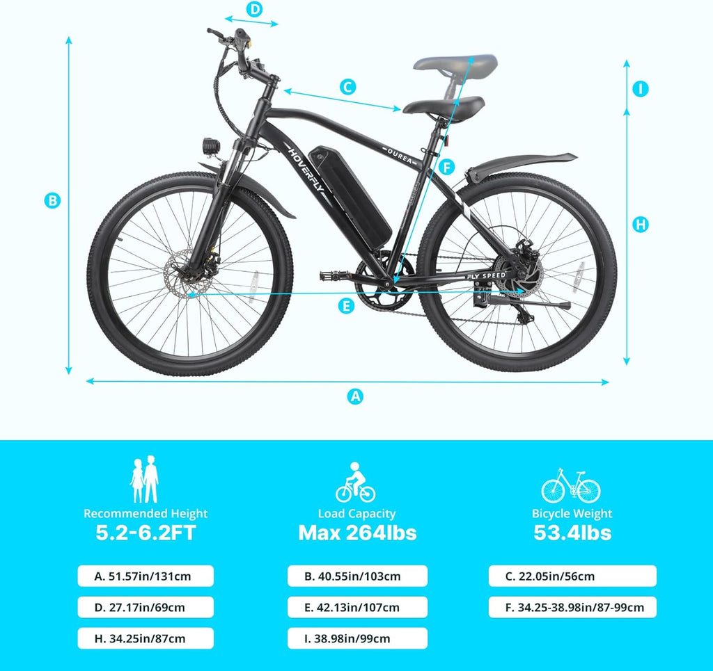 Hoverfly OUREA 26' Electric Bike for Adults, 750W Peak Motor Mountain Ebike, Max 20MPH, Up to 40 Miles, UL2849 Certified, 7-Speed, Removable Battery, Shock Absorber, Fat Tire Commuter E-Bike