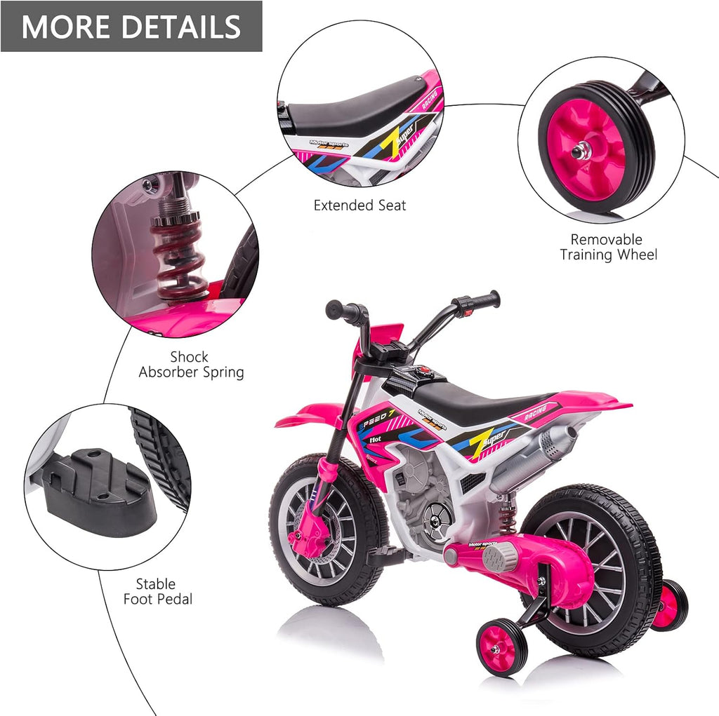12V Kids Ride on Motorcycle Dirt Bike Toy 4 Wheel Battery Powered Off-Road Motorbike with Training Wheels, 3 mph Top Speed, Music, Charger for Boy Girl Age 3+ (Rose Red)