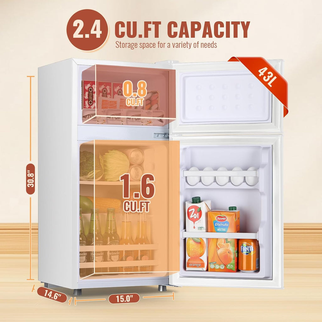DEMULLER Small Refrigerator Mini Fridge with Double Doors & Separate Freezer & 7 Adjustable Temperature Control, Tiny Size & Personal Fridge Ideal for Office Apartment Dorm White