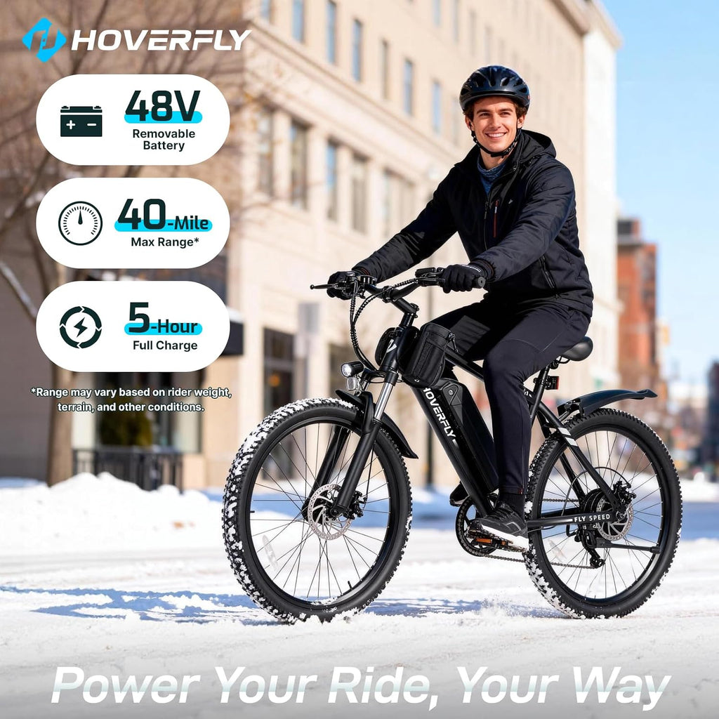 Hoverfly OUREA 26' Electric Bike for Adults, 750W Peak Motor Mountain Ebike, Max 20MPH, Up to 40 Miles, UL2849 Certified, 7-Speed, Removable Battery, Shock Absorber, Fat Tire Commuter E-Bike