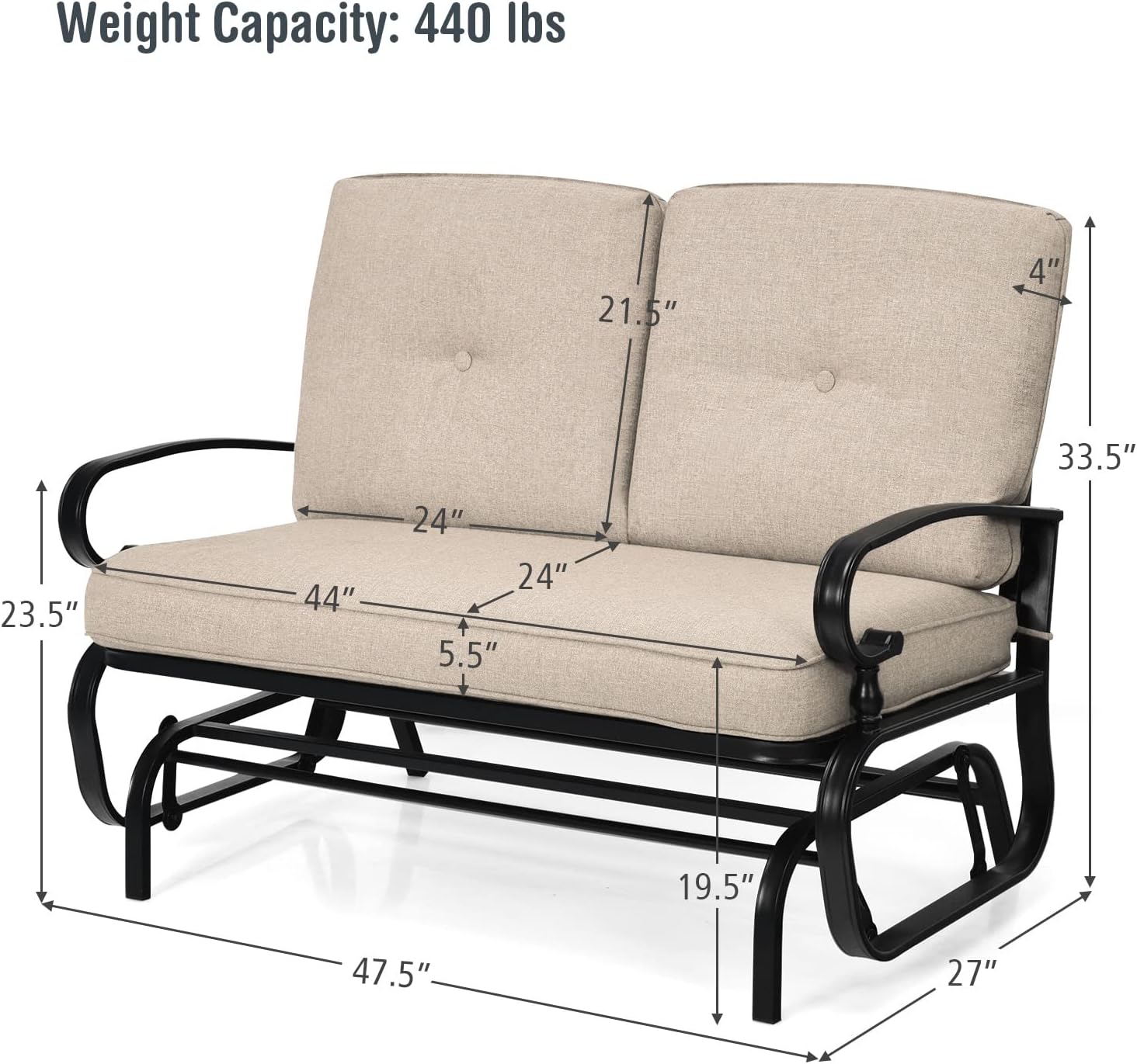 Giantex Outdoor Glider Bench, Patio 2 Person Loveseat with Removable Cushion, Thick Padded Seat, Stable Steel Frame, Outside Glider Swing Chair for Deck, Poolside, Yard, Balcony, Porch, Beige