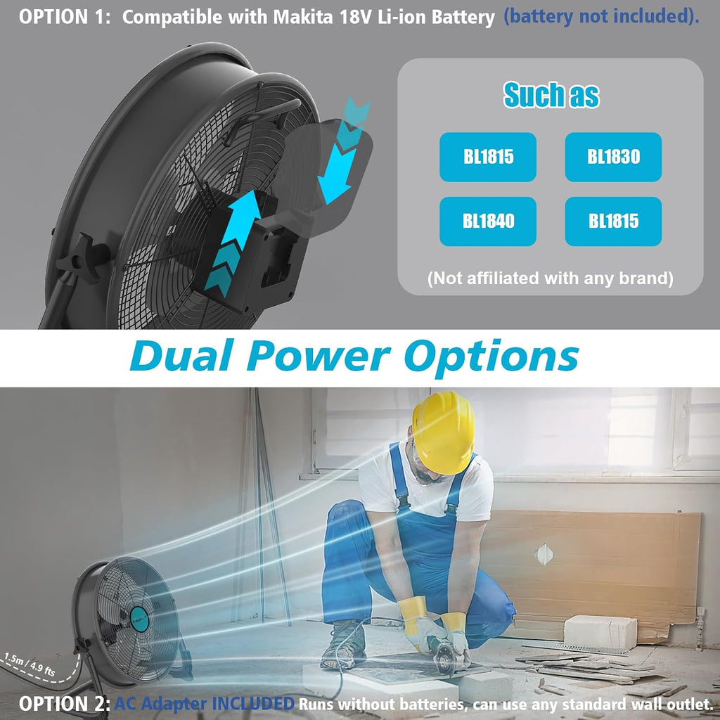 16' Battery Operated Floor Fan Compatible with Makita 18V Battery, Portable Fan with AC Adapter and USB Output, Metal Industrial High Velocity, Stepless Speed Cordless Fan for Jobsite Garage Camping