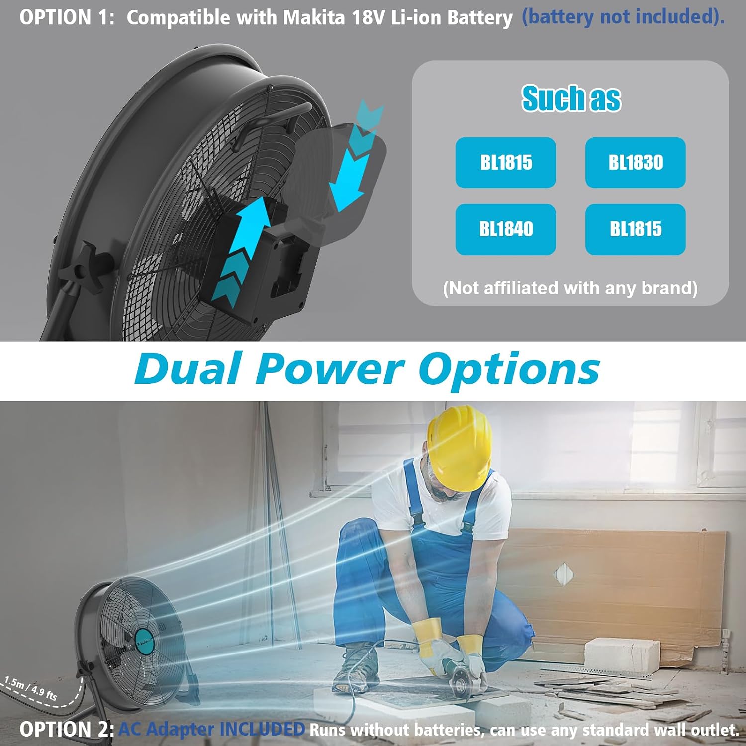 16' Battery Operated Floor Fan Compatible with Makita 18V Battery, Portable Fan with AC Adapter and USB Output, Metal Industrial High Velocity, Stepless Speed Cordless Fan for Jobsite Garage Camping