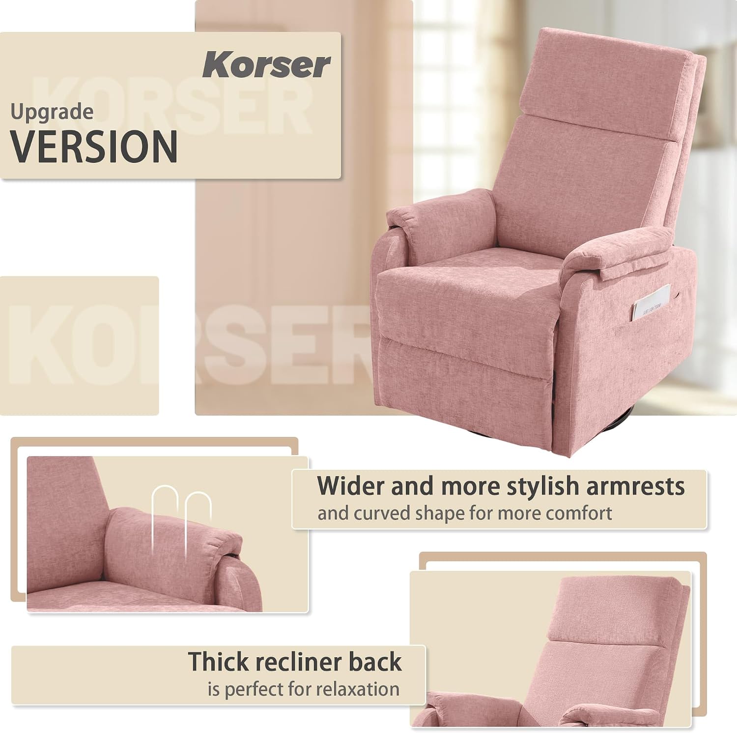 Korser Recliner Chair, Swivel Rocking Recliner Chair for Adults, Glider Rocking Chair, Small Nursery Chair Recliner for Living Room, Reclining Chair with Modern-Designed Armrests, Chenille, Pink