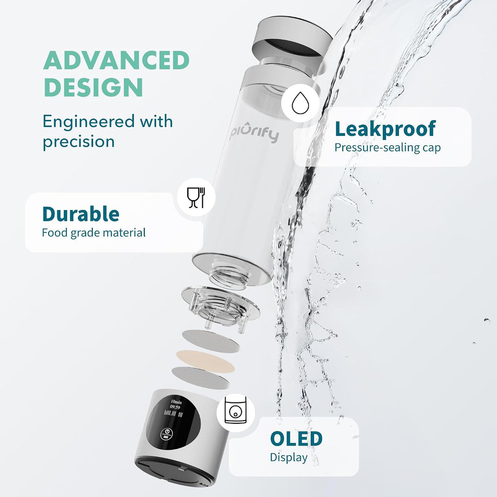PIURIFY Hydrogen Water Bottle Generator - Up to 4100+ PPB Molecular Hydrogen Infusion - SPE/PEM Technology - Certified H2 Generator - Rechargeable - Extended Warranty - 10 oz (Silver)