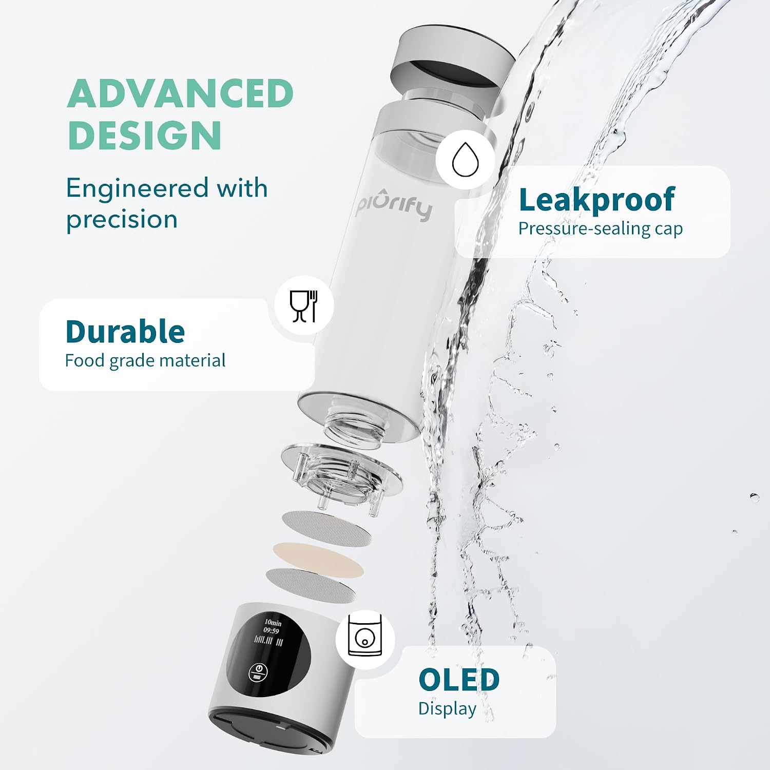 PIURIFY Hydrogen Water Bottle Generator - Up to 4100+ PPB Molecular Hydrogen Infusion - SPE/PEM Technology - Certified H2 Generator - Rechargeable - Extended Warranty - 10 oz (Silver)