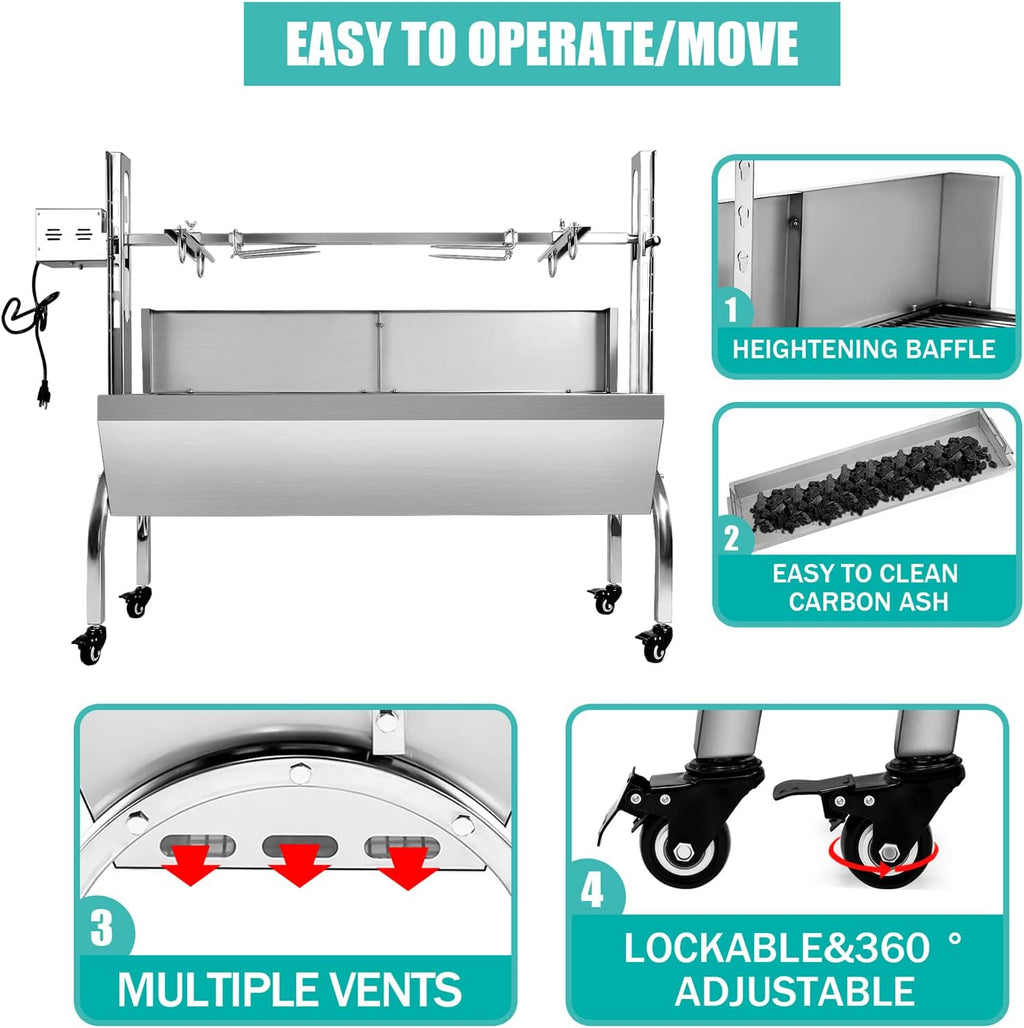 25w 48.6in Electric Rotisserie Grill Portable 176lbs Portable Stainless Steel Rotisserie Grill Roster With Wheels, Motor, Wind Baffle For Pig Chicken Lamb Rotisseries Roasting Machine