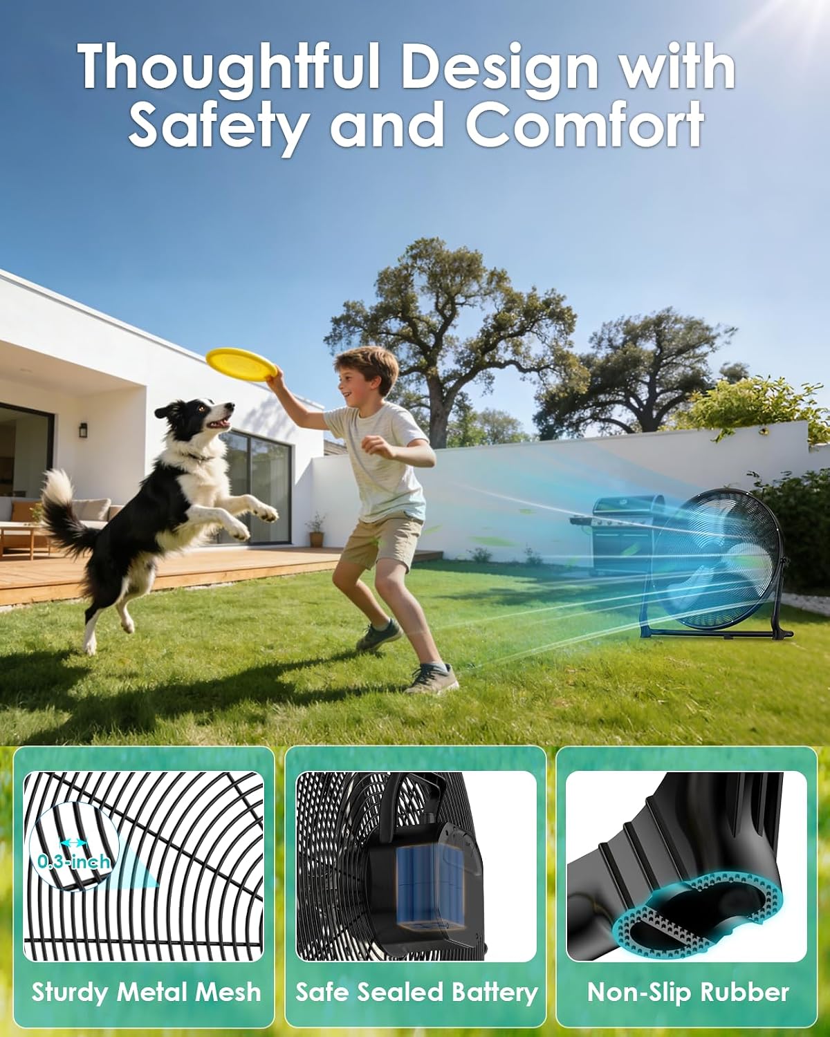 20' Large Battery Fan, Portable Battery Operated Floor Fan, Rechargeable Battery Powered Wireless Camping Fan, Waterproof, Hi-airflow, Cordless, for Home Outdoor Garage Gym Patio Travel RV