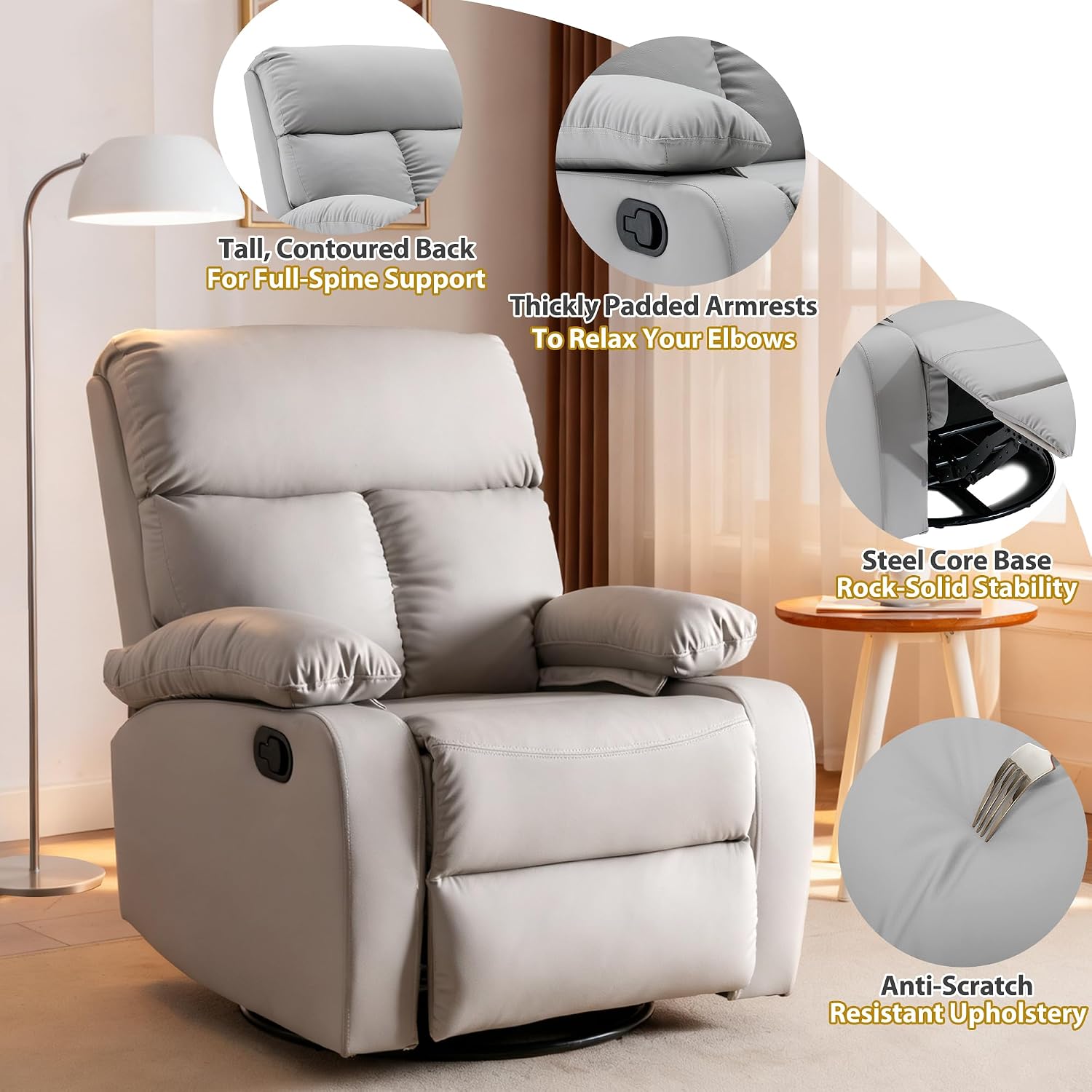 hzlagm Swivel Rocker Recliner, Rocking Chair Nursery, Small Rocker Recliners for Small Spaces, Living Room, Bedroom, Nursery, RV, Light Grey