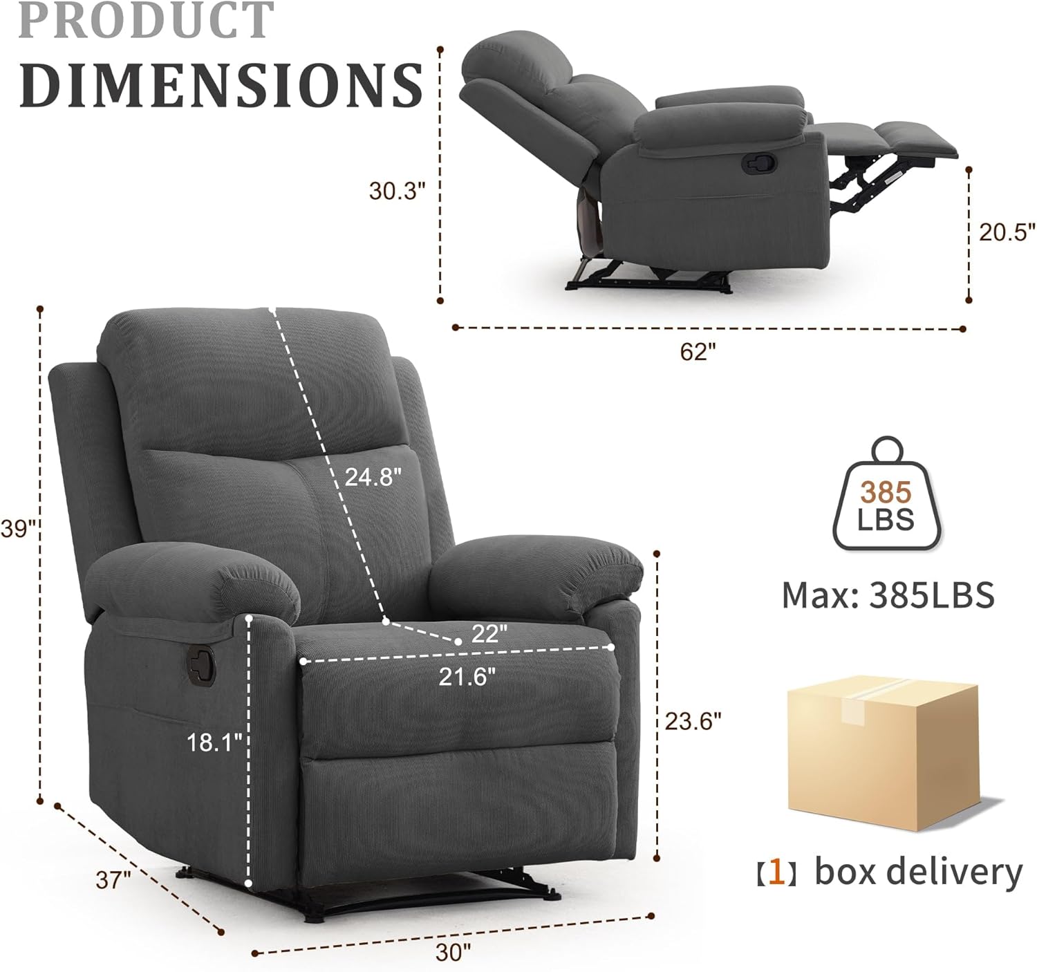 Korser Recliner Chair, Manual Recliner for Adults with Side Pocket, Small Recliners for Small Spaces, Adjustable Comfy Overstuffed Corduroy Reclining Chairs for Living Room, Reading, Bedroom, Grey