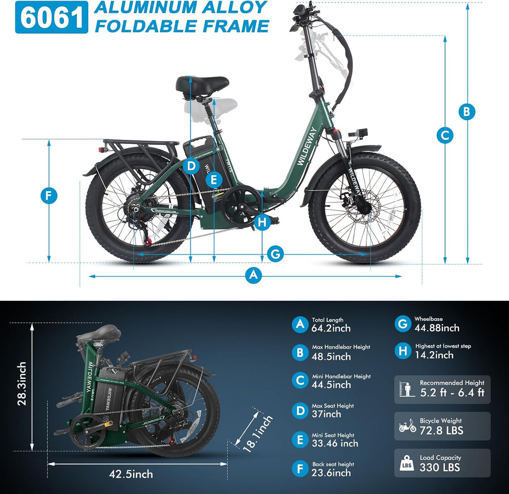 Wildeway Folding Electric Bike for Adults with 750W Motor 32Ah Battery Long Range FW11 Ebike 20 * 3.0 Fat Tire Foldable Adults Electric Bicycle for Men Women City Commuter Delivery 2 Seat