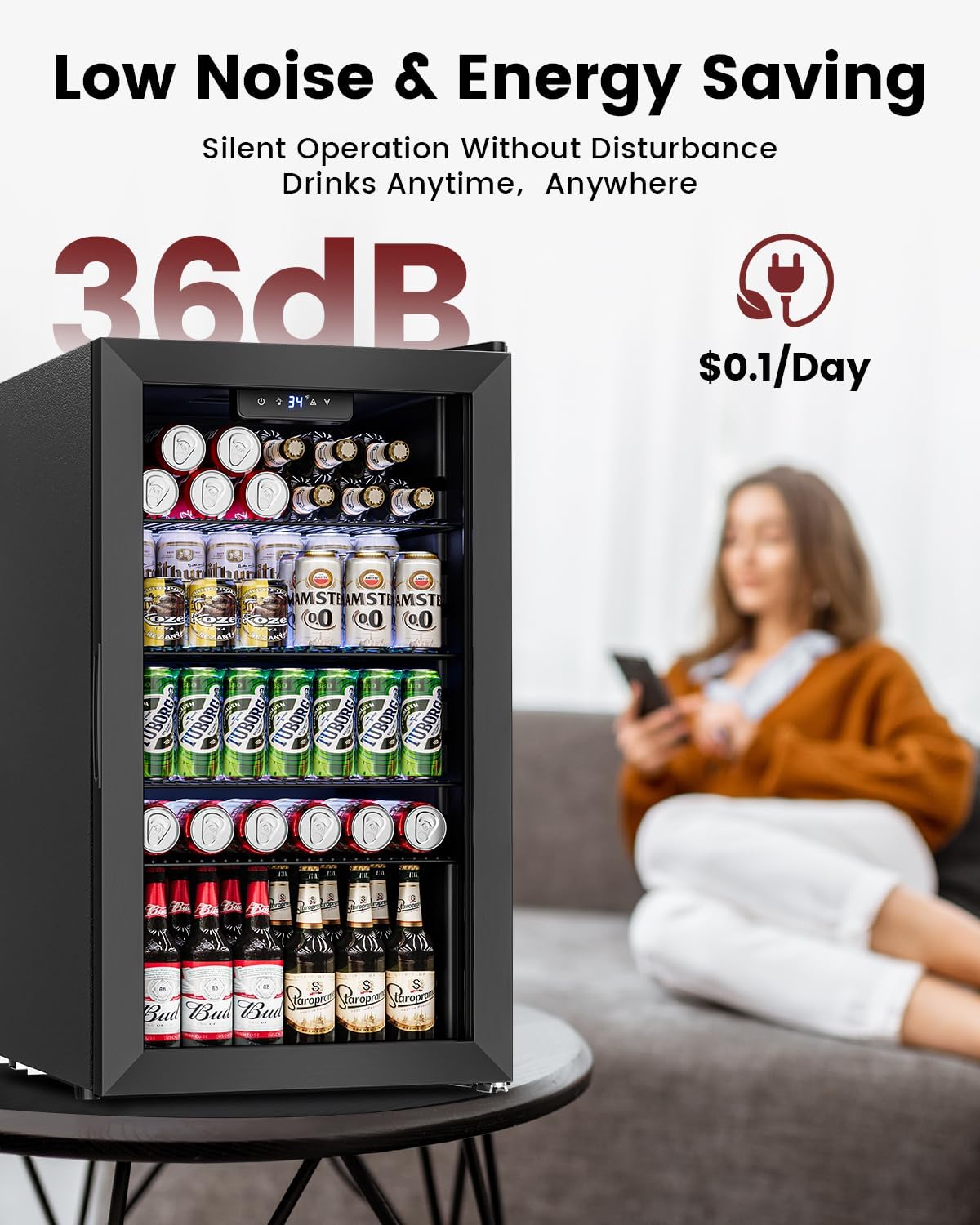 Feelfunn Wine Cooler Refrigerator - 26 Bottle 126 Can Mini Wine Fridge with Glass Door for Beer Soda Water Drink, Small Wine Cellar Beverage Refrigerator for Bedroom Office Home Bar Dorm, 3.2 Cu.Ft