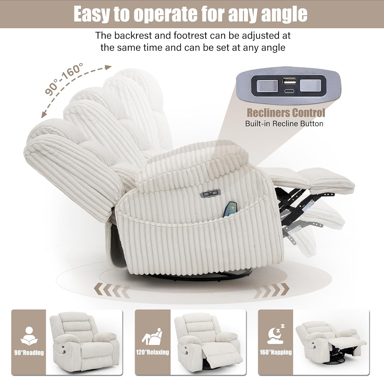 SINCRUMI Power Swivel Rocker Recliner Chair for Adults with Massage and Heat, USB and Type-C Charging Port, Infinite Position, Electric Glider Rocking Chairs for Living Room, Nursery, Pale Grey