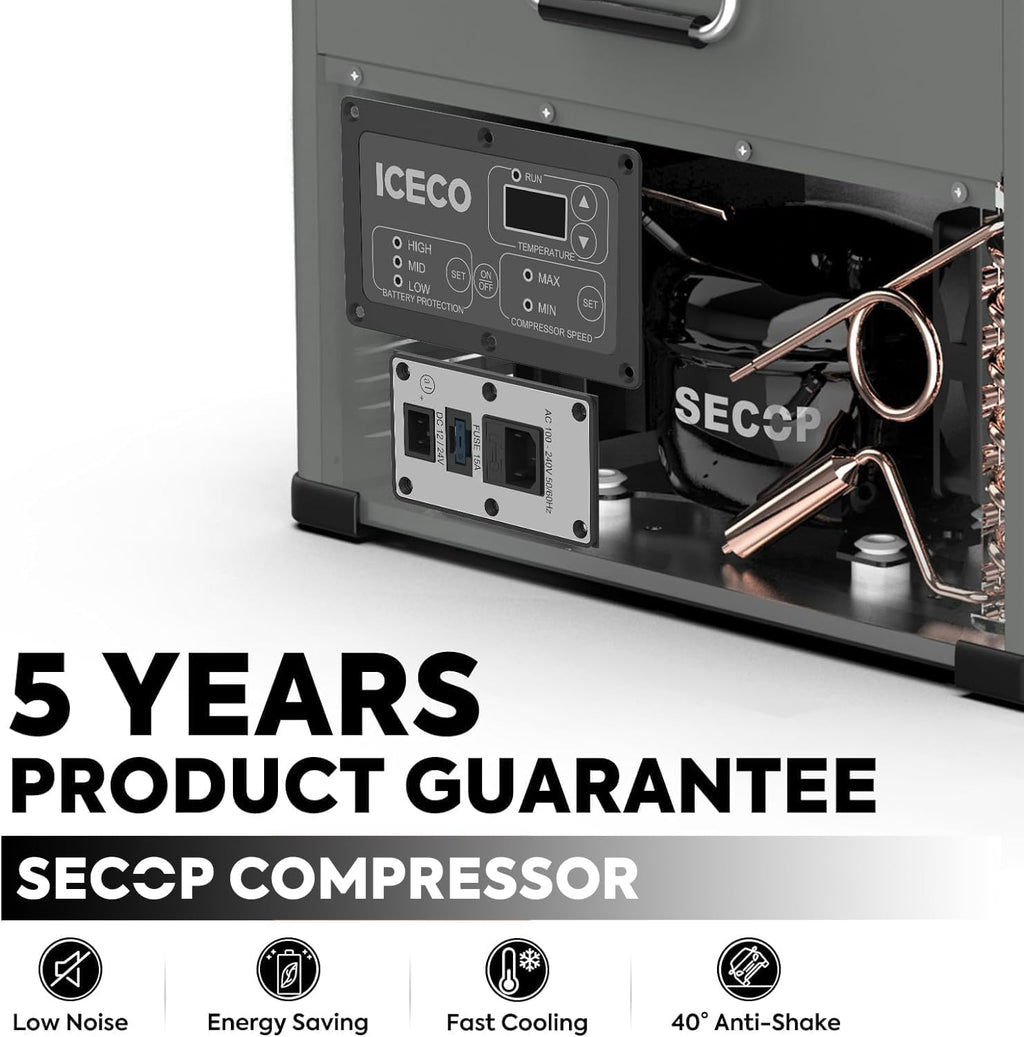 ICECO VL45 Portable Refrigerator, Platinum 12V Refrigerator Powered by SECOP, 45 Liters Compact Fridge with AC/DC, 0℉ to 50℉, Car freezer for Truck, Car, Camping Use, with 250Wh Magnetic Battery