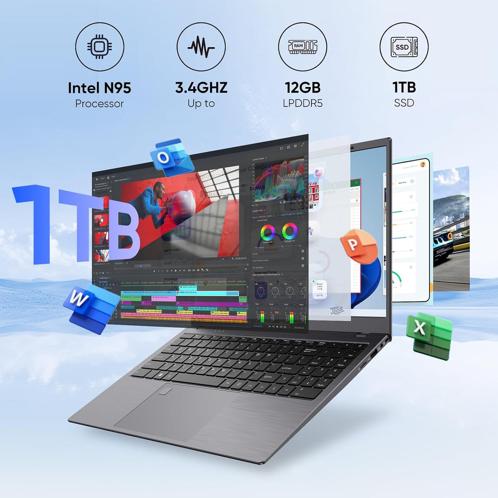 Laptop, 12GB LPDDR5 RAM 1TB SSD, Quad-Core N95 Processor Up to 3.4GHz, 15.6' FHD IPS Display, WiFi 5, Laptop Computer with Fingerprint for Students and Business, Gray