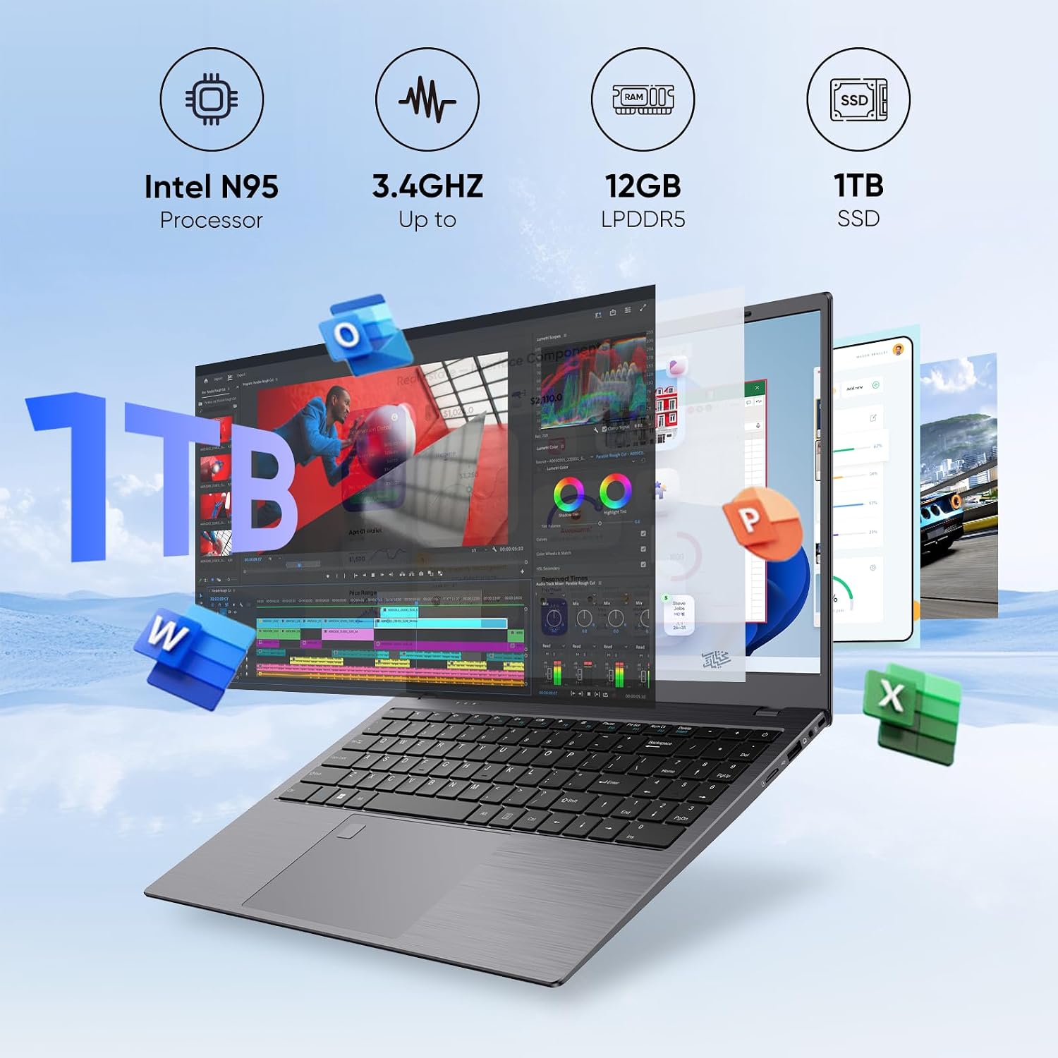 Laptop, 12GB LPDDR5 RAM 1TB SSD, Quad-Core N95 Processor Up to 3.4GHz, 15.6' FHD IPS Display, WiFi 5, Laptop Computer with Fingerprint for Students and Business, Gray