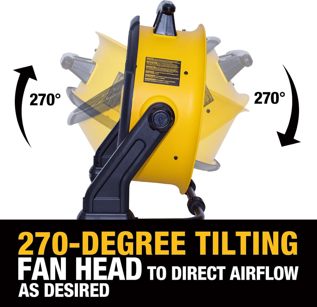 DEWALT Industrial High-Velocity Floor Fan AC/DC Dual Power Supply, 270° Adjustable Tilt Design 3-Speed 4000 CFM 6 ft Cord 18-Inch Barrel Fan, DXF1850B (Tool Only)