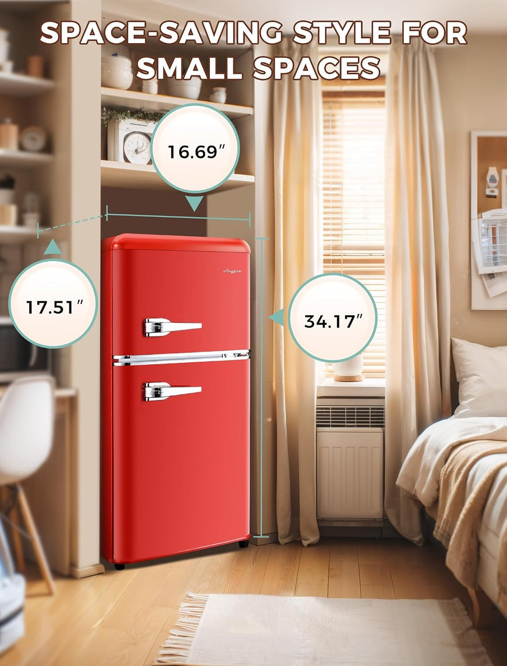 Anypro 3.2 Cu.Ft Refrigerator, Double Door Retro Fridge with Freezer, 7 Adjustable Temperature Settings, Low Noise, Removable Glass Shelves for Dorm, Office, Bedroom, Apartment, Red