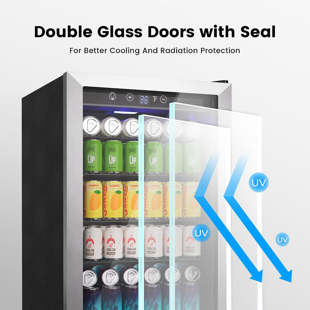 Feelfunn 145 Can Beverage Refrigerator Cooler - 4.5 Cu.Ft Mini Fridge Glass Door, Soda Wine Beer Drink Fridge, Small Refrigerator for Bedroom Office Home Bar Dorm, Digital Temperature Control, Silver