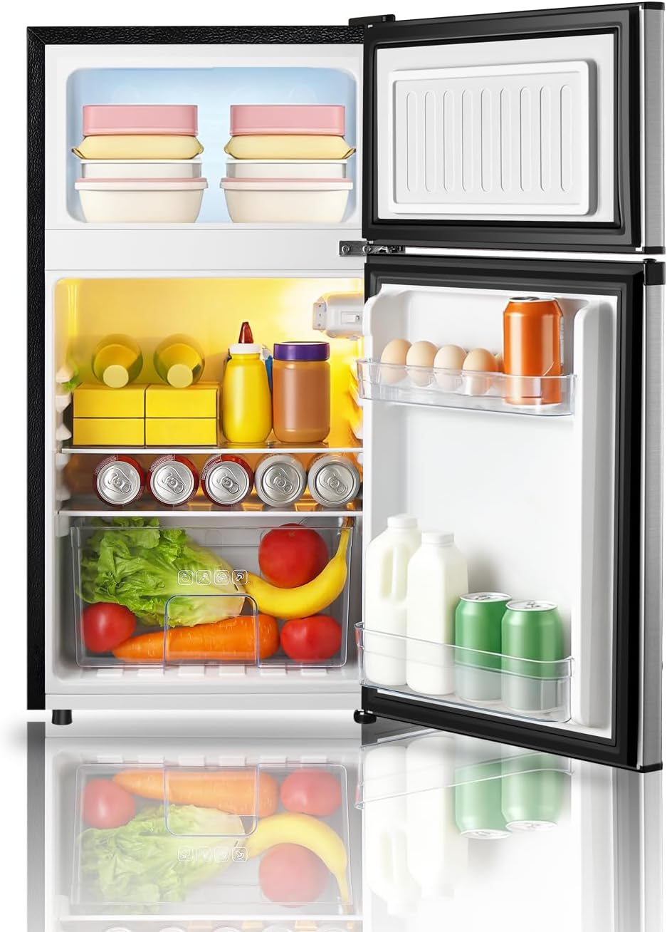Saeoola Mini Fridge with Freezer, 3.2 Cu.Ft, 2 Doors Compact Mini Refrigerator with Separate Freezer for Dorm, Bedroom, Office, Apartment with 7-Level Temperature Control, Removable Shelves (Sliver)
