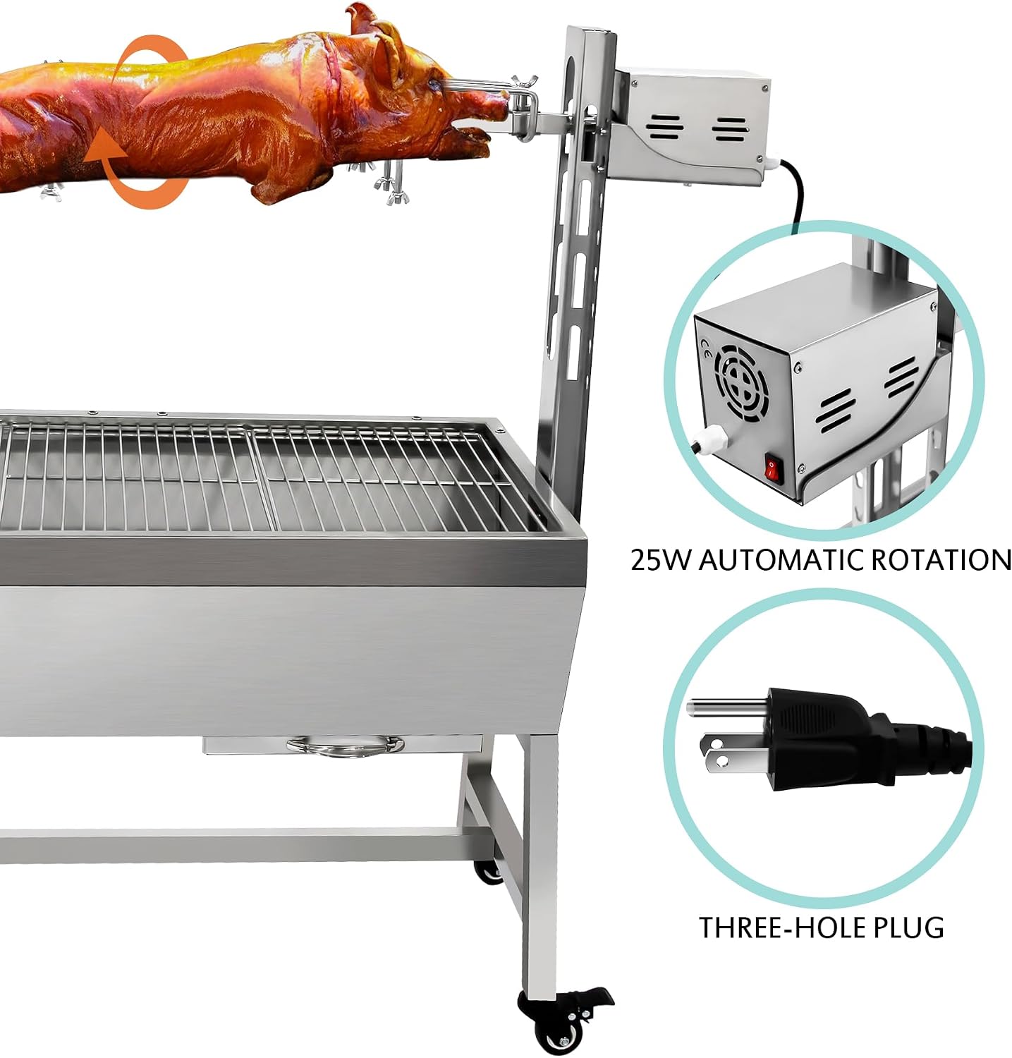 25w 37in Electric Rotisserie Grill Portable 132lbs Portable Stainless Steel Rotisserie Grill Roster With Wheels, Motor, Wind Baffle For Pig Chicken Lamb Rotisseries Roasting Machine
