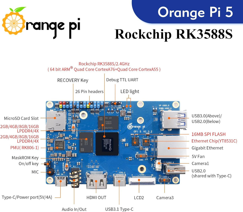 Orange Pi 5 16GB Rockchip RK3588S 8 Core 64 Bit Single Board Computer, 2.4GHz Frequency 8K Video Decoding Open Source Board Mini PC Run Orange Pi OS,Android12,Debian11 (Pi 5 16GB+5V4A TypeC Supply)