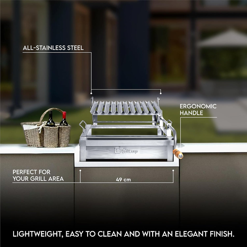 Junior Argentine Grill – Portable & Built-in 100% Stainless Steel BBQ with Lifting System & Drip Pan – Fits Junior Grillcorp Roasting Box – Outdoor Cooking & Camping Accessory
