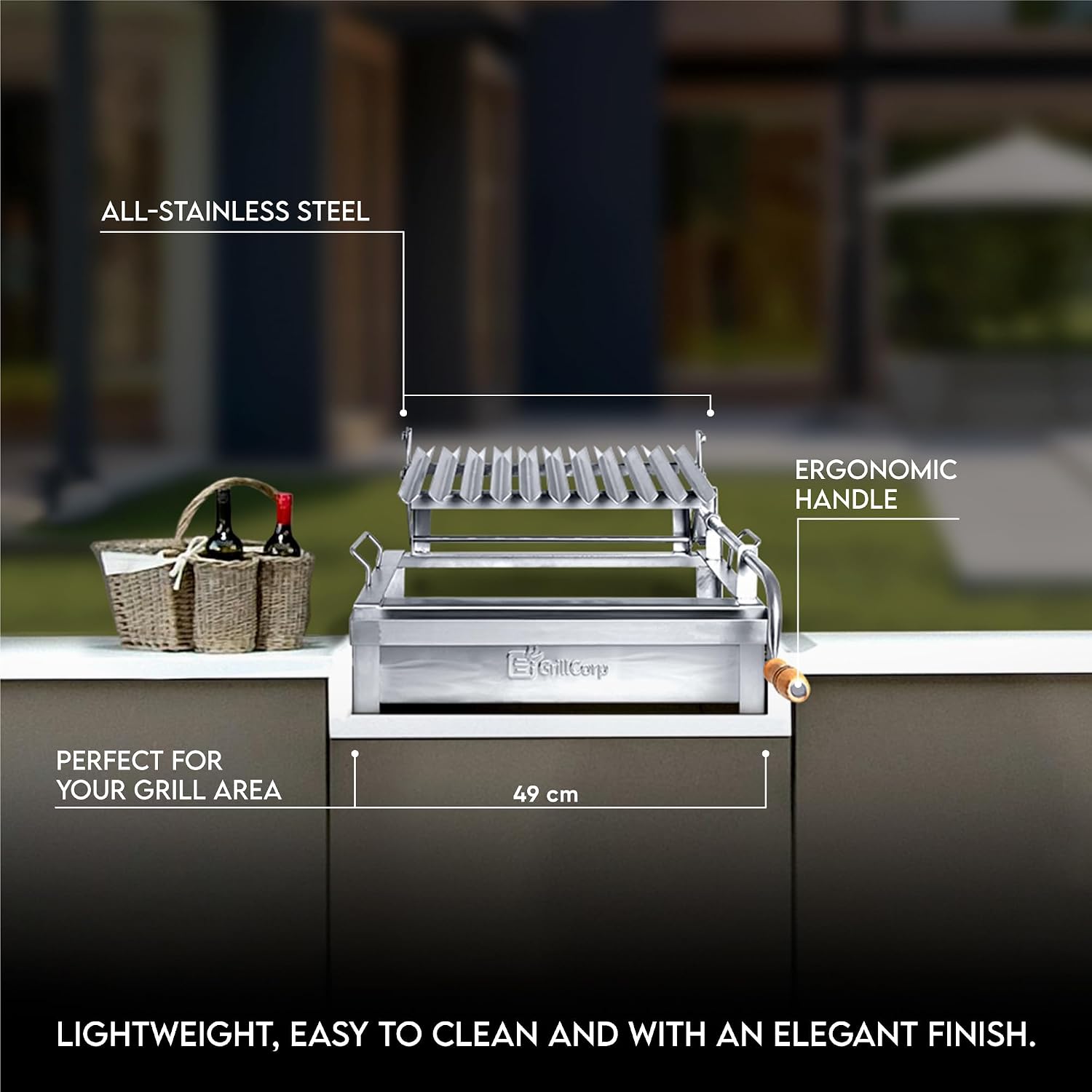 Junior Argentine Grill – Portable & Built-in 100% Stainless Steel BBQ with Lifting System & Drip Pan – Fits Junior Grillcorp Roasting Box – Outdoor Cooking & Camping Accessory