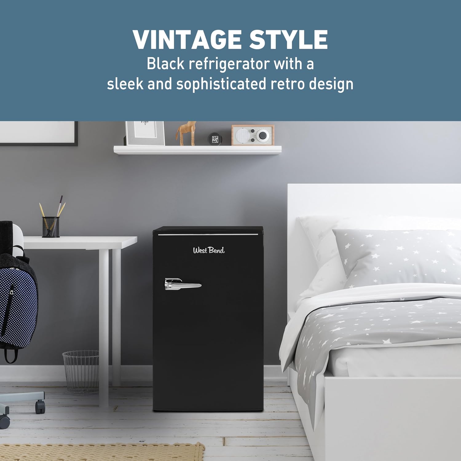 West Bend Mini Fridge for Bedroom, Office, Bar or College Dorm Room, Retro Compact Refrigerator features single door, removable glass shelves and adjustable temperature control, 3.0-Cu.Ft., Black