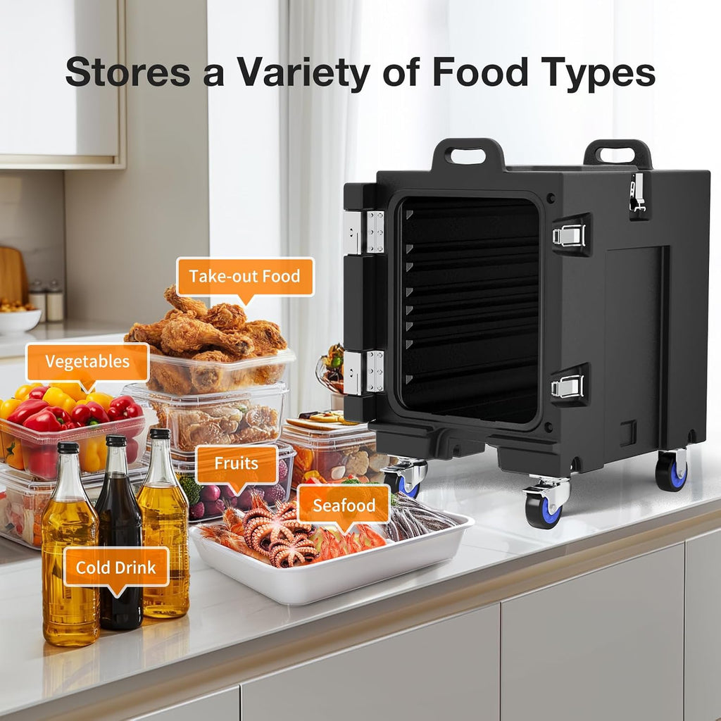 NEEDONE Food Warmer, 81 Qt LLDPE Insulated Food Pan Carrier for Hot/Cold Food, w/Double Buckles, Lockable Wheels, Handles, Stackable Design, Commercial Thermal Hot Box for 5 Full-Size Pans