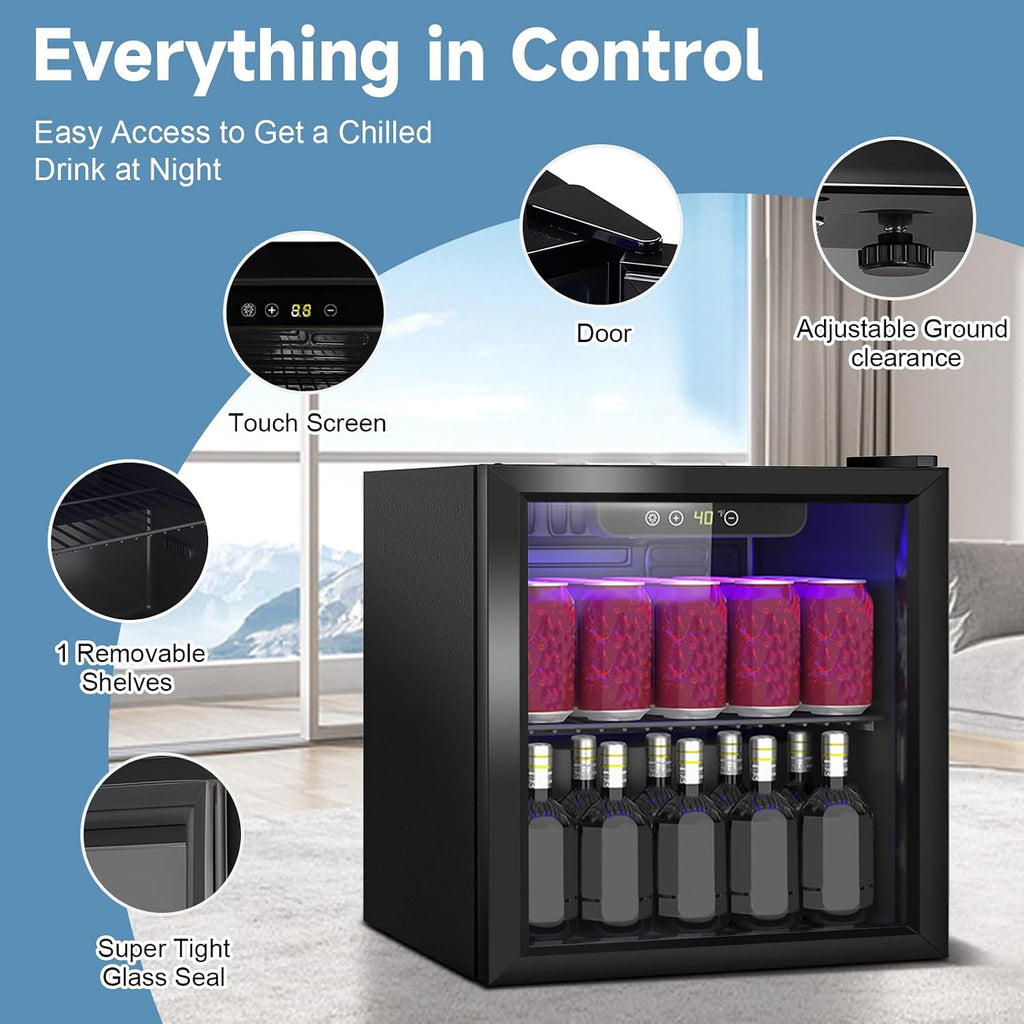 DOGHLY Beverage Refrigerator Cooler, 60 Can Mini Fridge Glass Door for Drinks Soda, Beer, or Wine - Small Refrigerator for Office Bedroom Home Bar, Adjustable Shelves, 1.3 Cu.Ft, Black