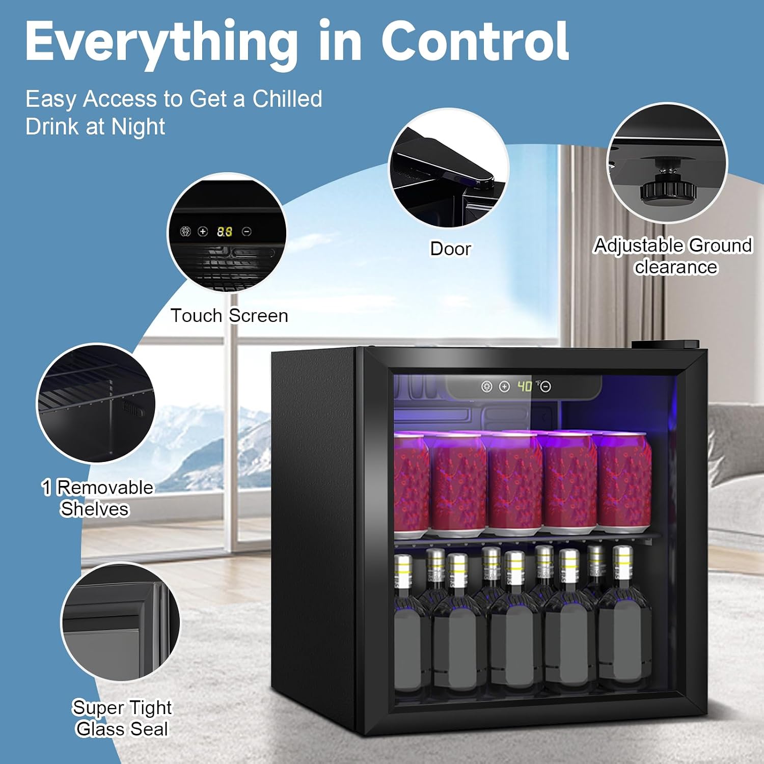 DOGHLY Beverage Refrigerator Cooler, 60 Can Mini Fridge Glass Door for Drinks Soda, Beer, or Wine - Small Refrigerator for Office Bedroom Home Bar, Adjustable Shelves, 1.3 Cu.Ft, Black