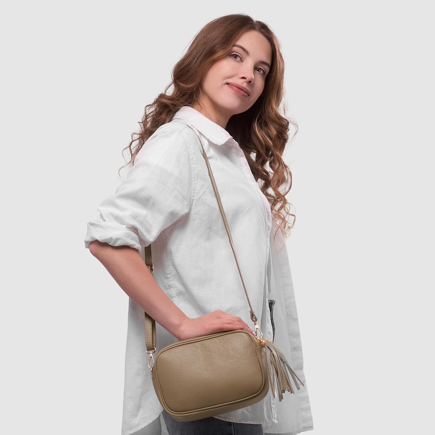 Italian Calf Leather Crossbody Bag for Women with Tassel Zipper | Small Camera Purse Shoulder Handbag Pocketbook