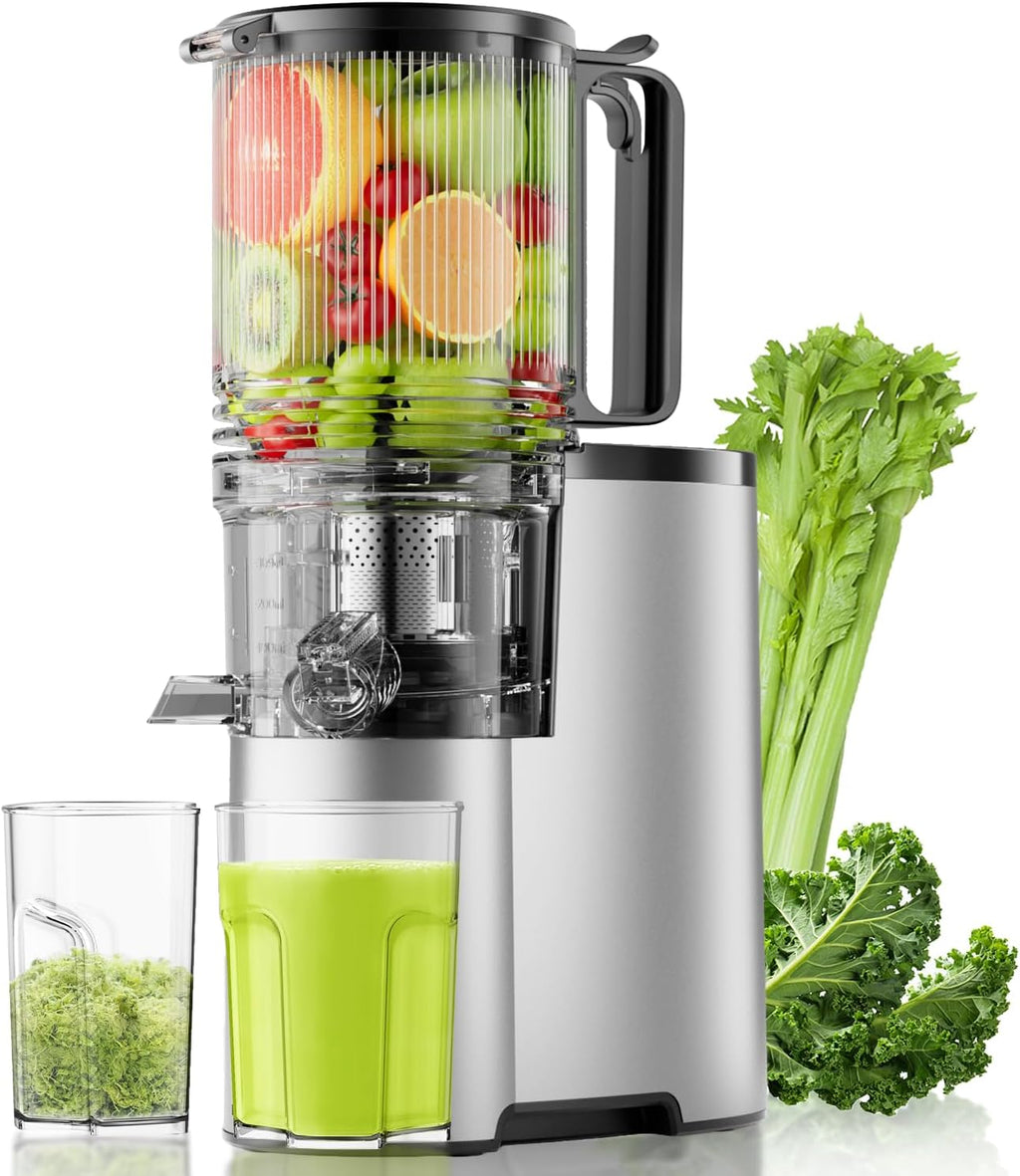 Cold Press Juicer, 5.3' Wide Feed Chute Juice Extractor Machine with 400W, High Juice Yield, Slow Masticating Juicer for Whole Vegetables & Fruits, Metallic Silver