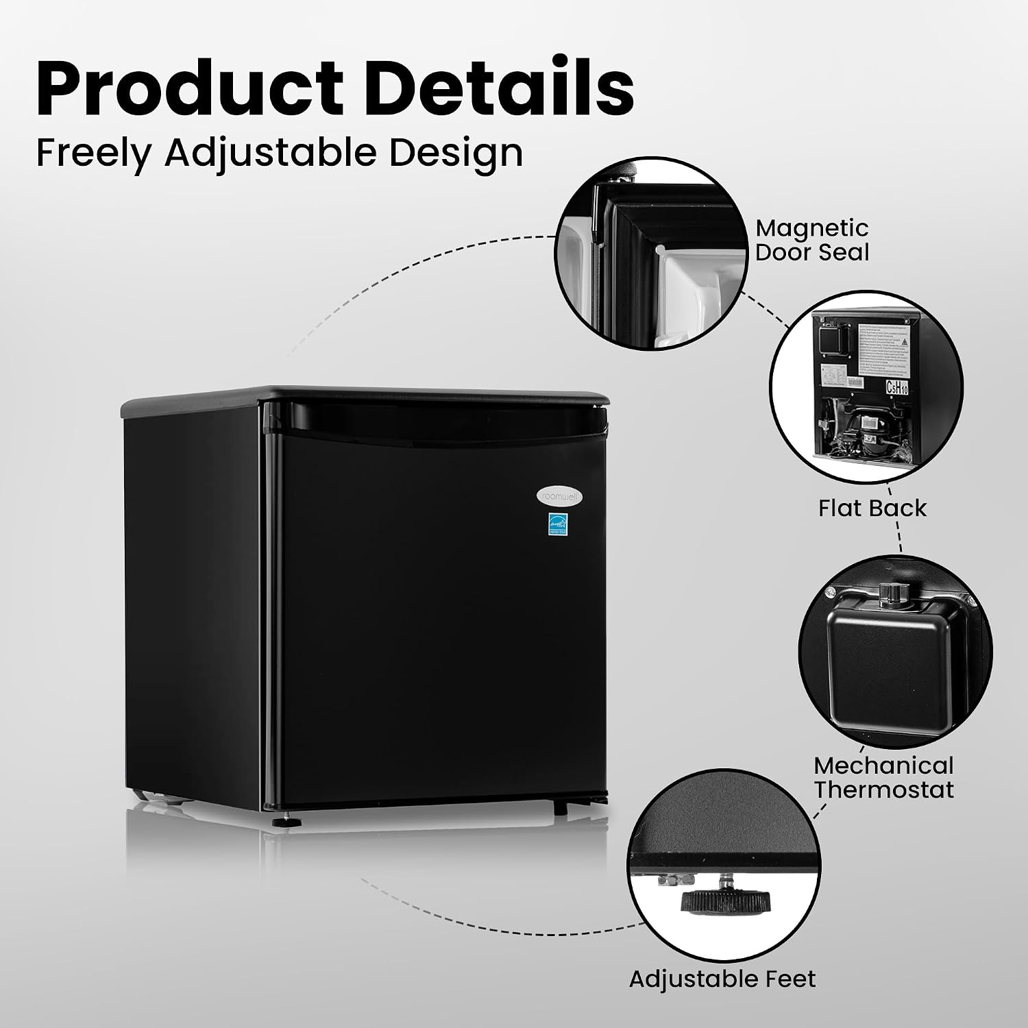 ROOMWELL E-Star 1.7 Cu Ft Mini Fridge for Office, Compact Black Small Refrigerator Without Freezer Automatic Defrost With Integrated Door Handle, 37 dB Countertop Fridge Quite, Ideal for Bedroom, Dorm