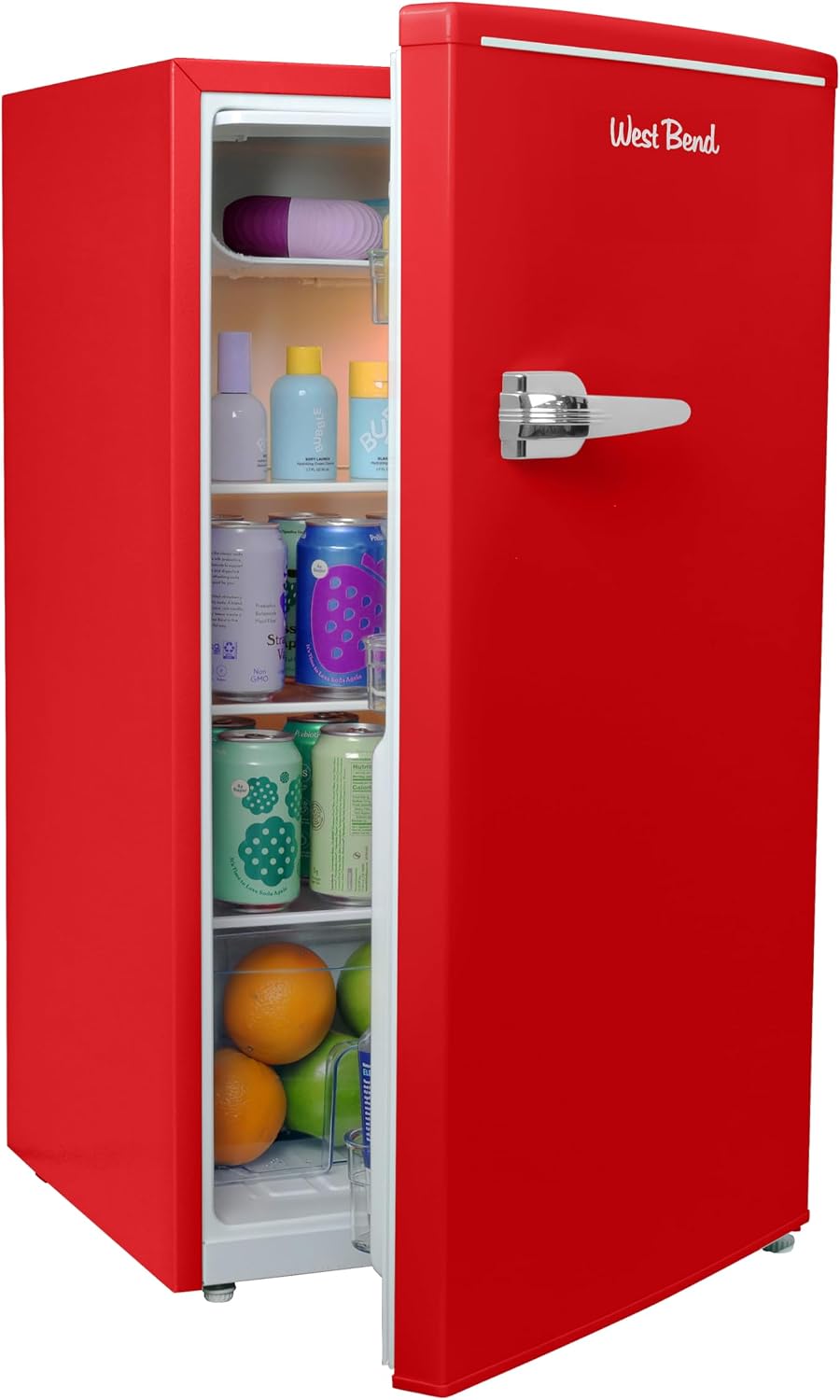 West Bend Mini Fridge for Bedroom, Office, Bar or College Dorm Room, Retro Compact Refrigerator features single door, removable glass shelves and adjustable temperature control, 3.0-Cu.Ft., Red