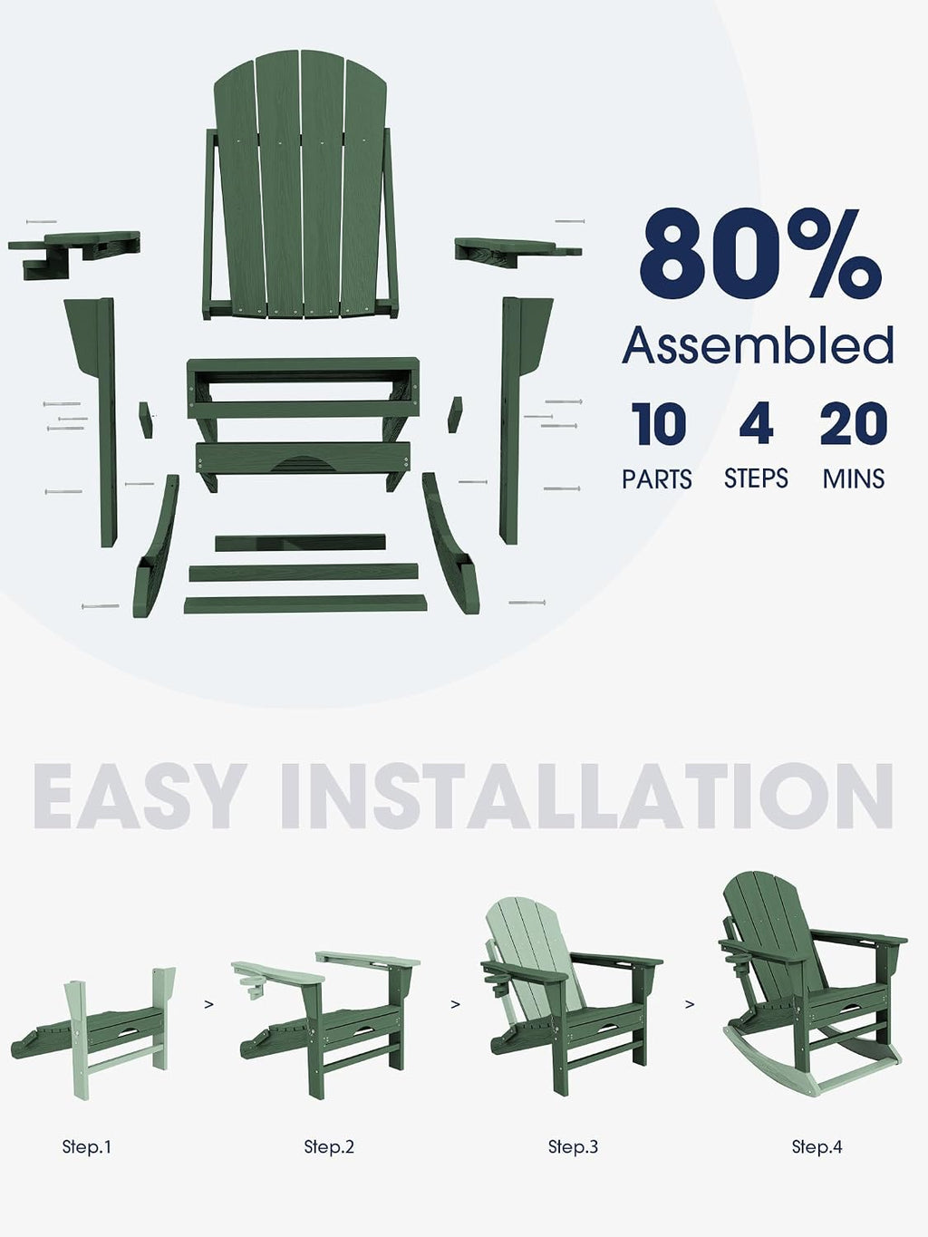 KINGYES Adirondack Rocking Chair with Retractable Ottoman and Cup Holders, HDPE Adirondack Rocker Patio Rocking Chair for Porch, Patio, Balcony, Dark Green