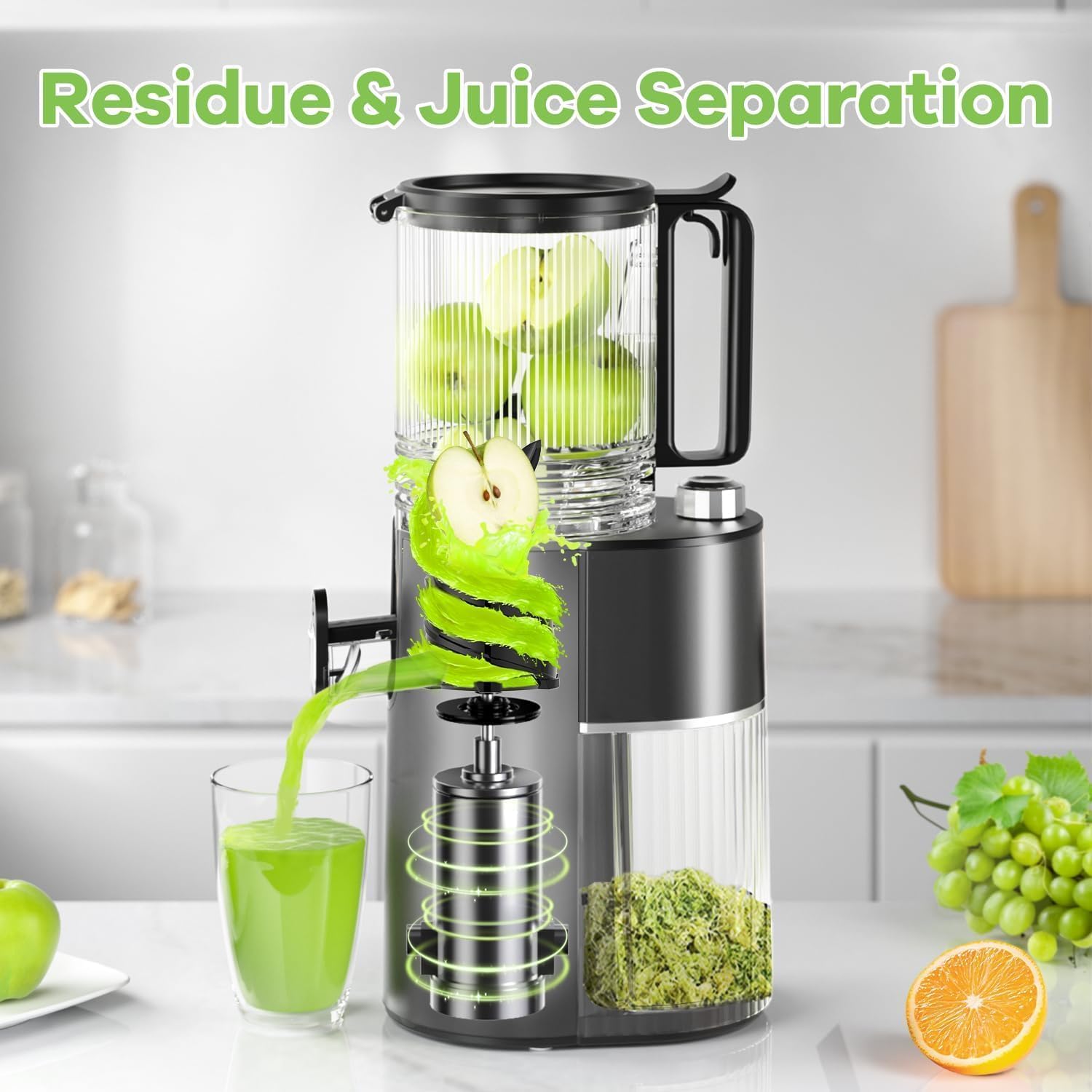 EanOruus Cold Press Juicer, 5.8' Wide Feed Chute Juice Extractor Machine with 400W, High Juice Yield, Slow Masticating Juicer for Whole Vegetables & Fruits, Black Gray