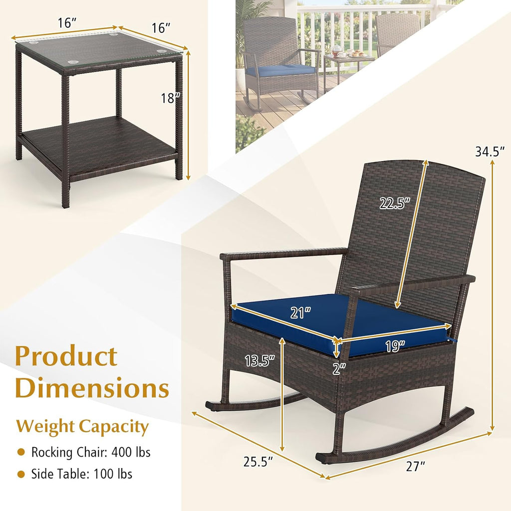 Tangkula 3 Pieces Rocking Wicker Bistro Set, Outdoor Front Porch Rocker Chairs Conversation Set with 2-Tier Tempered Glass Coffee Table and Thick Cushions for Garden, Balcony, Poolside (Navy)