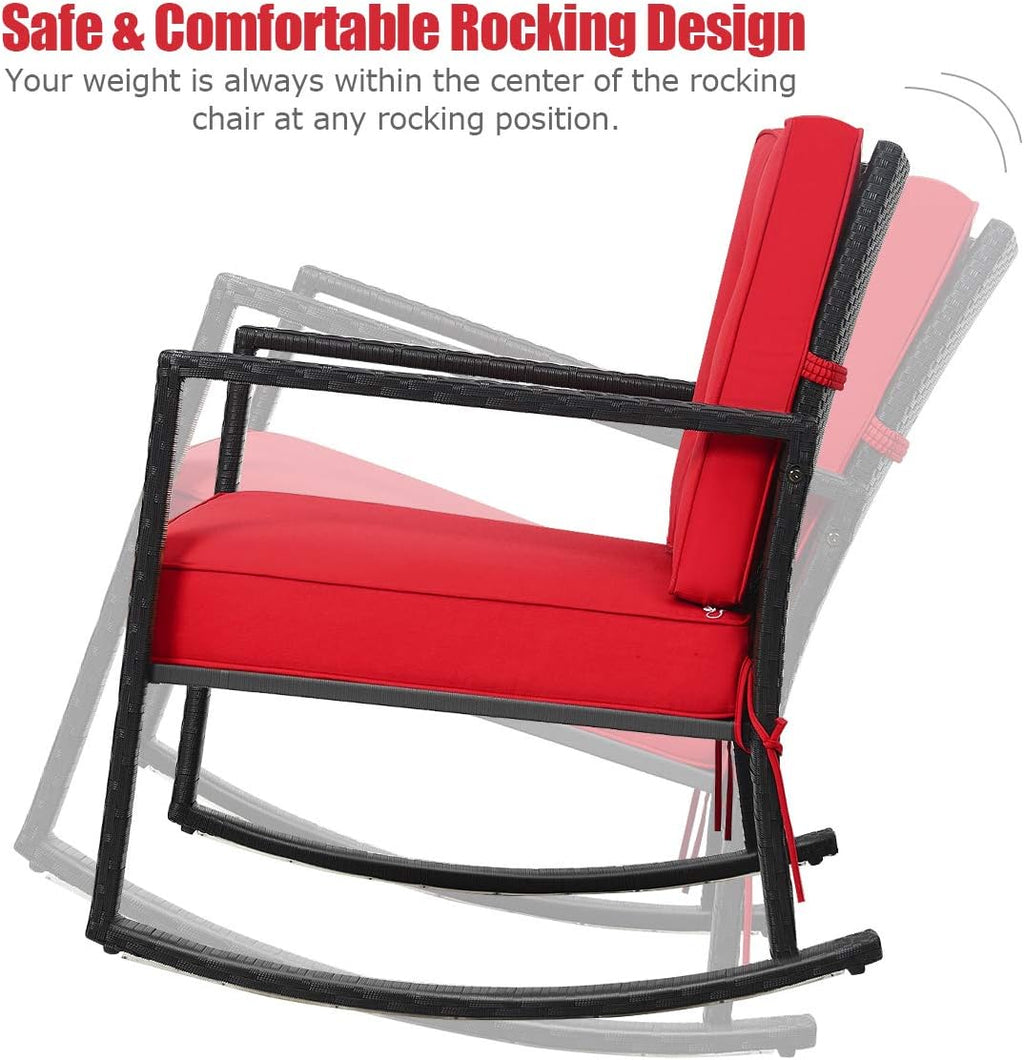 Tangkula Wicker Rocking Chair, Outdoor Glider Rattan Rocker Chair with Heavy-Duty Steel Frame, Patio Wicker Furniture Seat with 5' Thick Cushion for Garden, Porch, Backyard, Poolside (2, Red)
